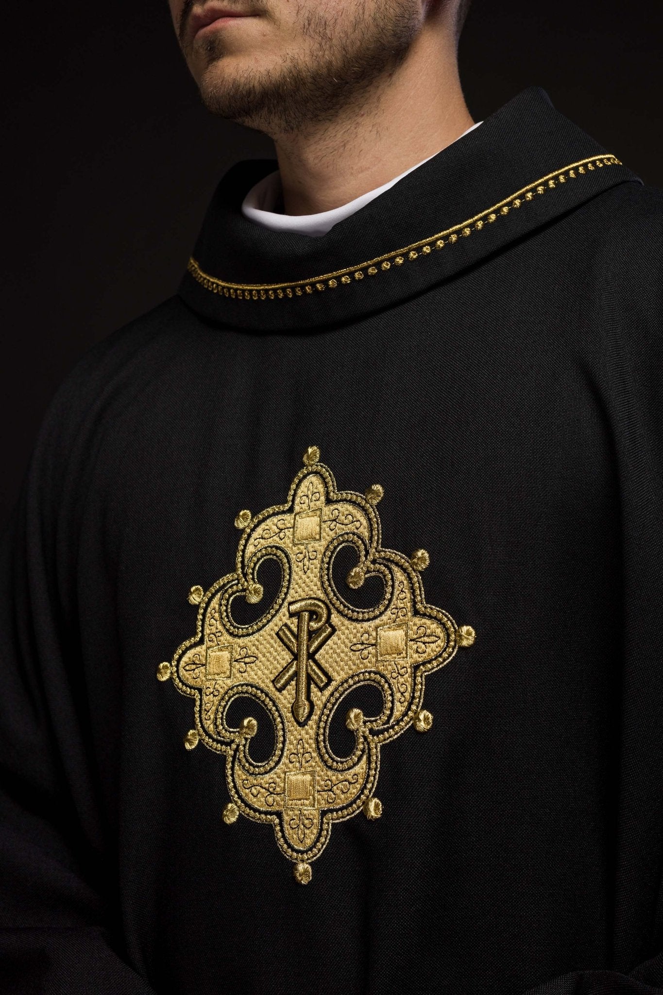 Black chasuble with gold PAX symbol S - 7065 - 07 - 70 - HAFTINAUSA.COM