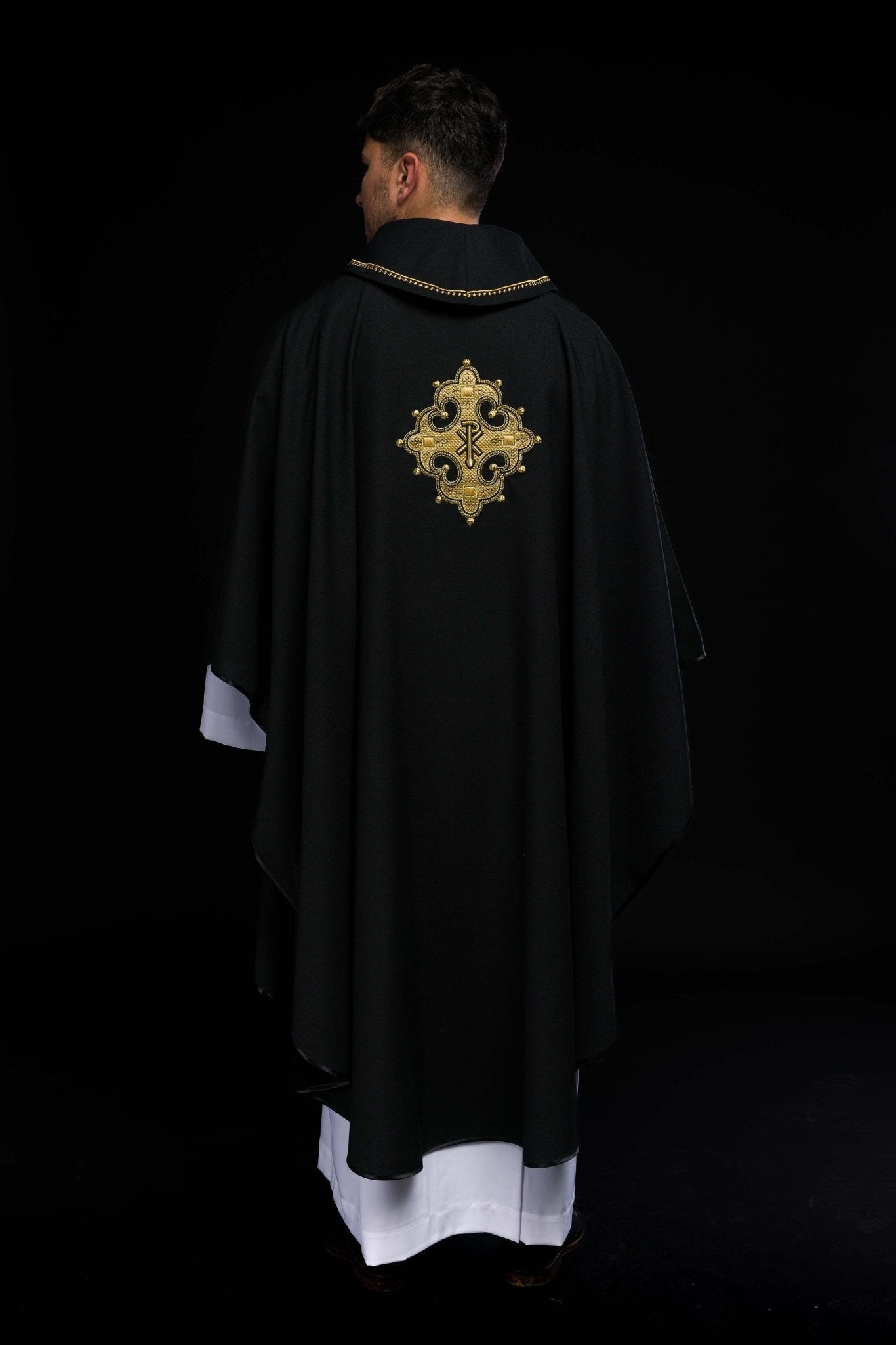 Black chasuble with gold PAX symbol S - 7065 - 07 - 70 - HAFTINAUSA.COM