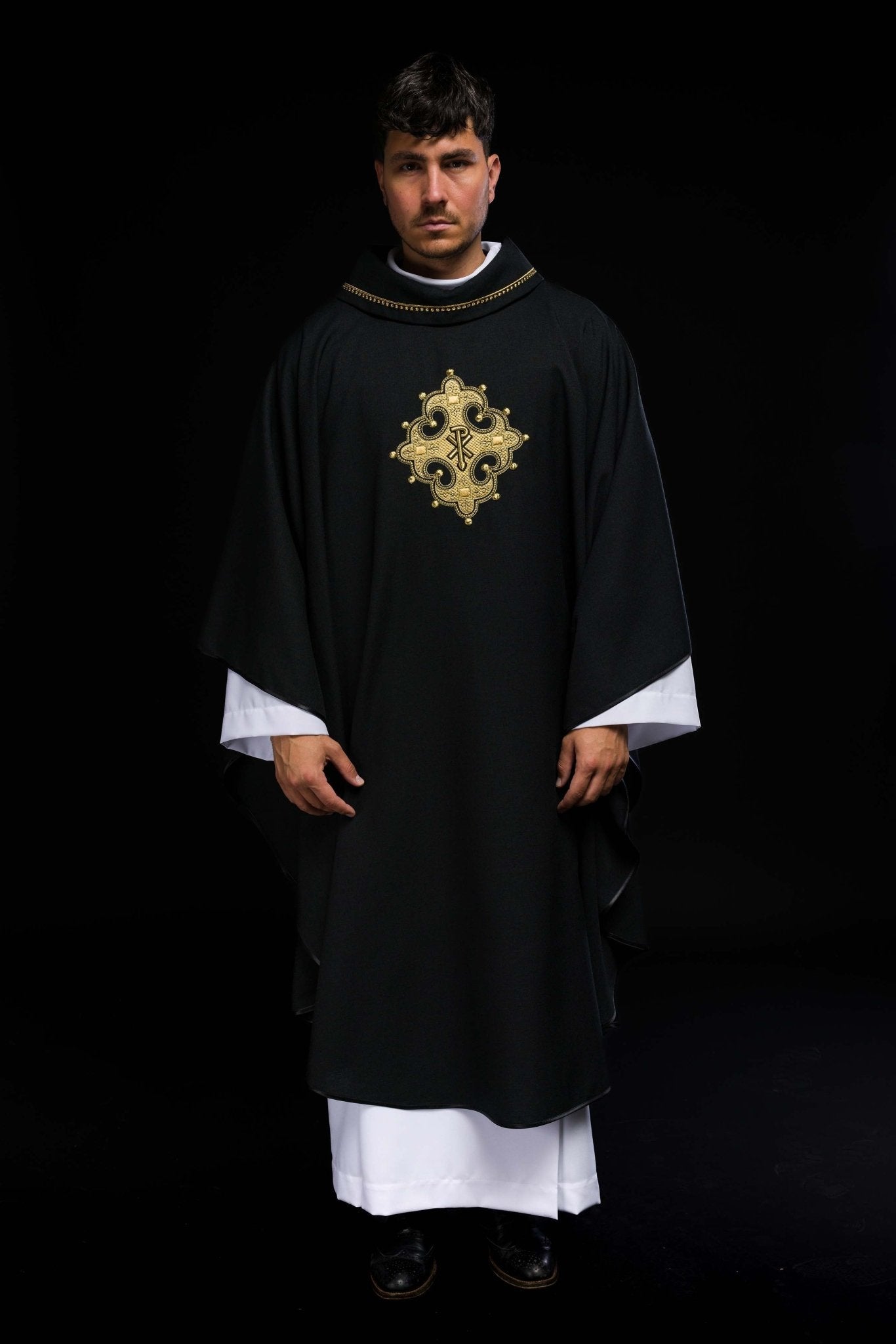 Black chasuble with gold PAX symbol S - 7065 - 07 - 70 - HAFTINAUSA.COM
