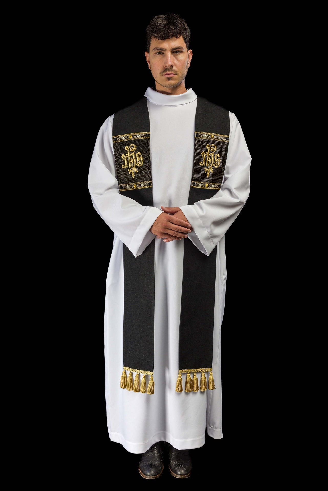 Black Embroidered Stole with IHS Motif S-2067-07-70 - CHASUBLES.COM