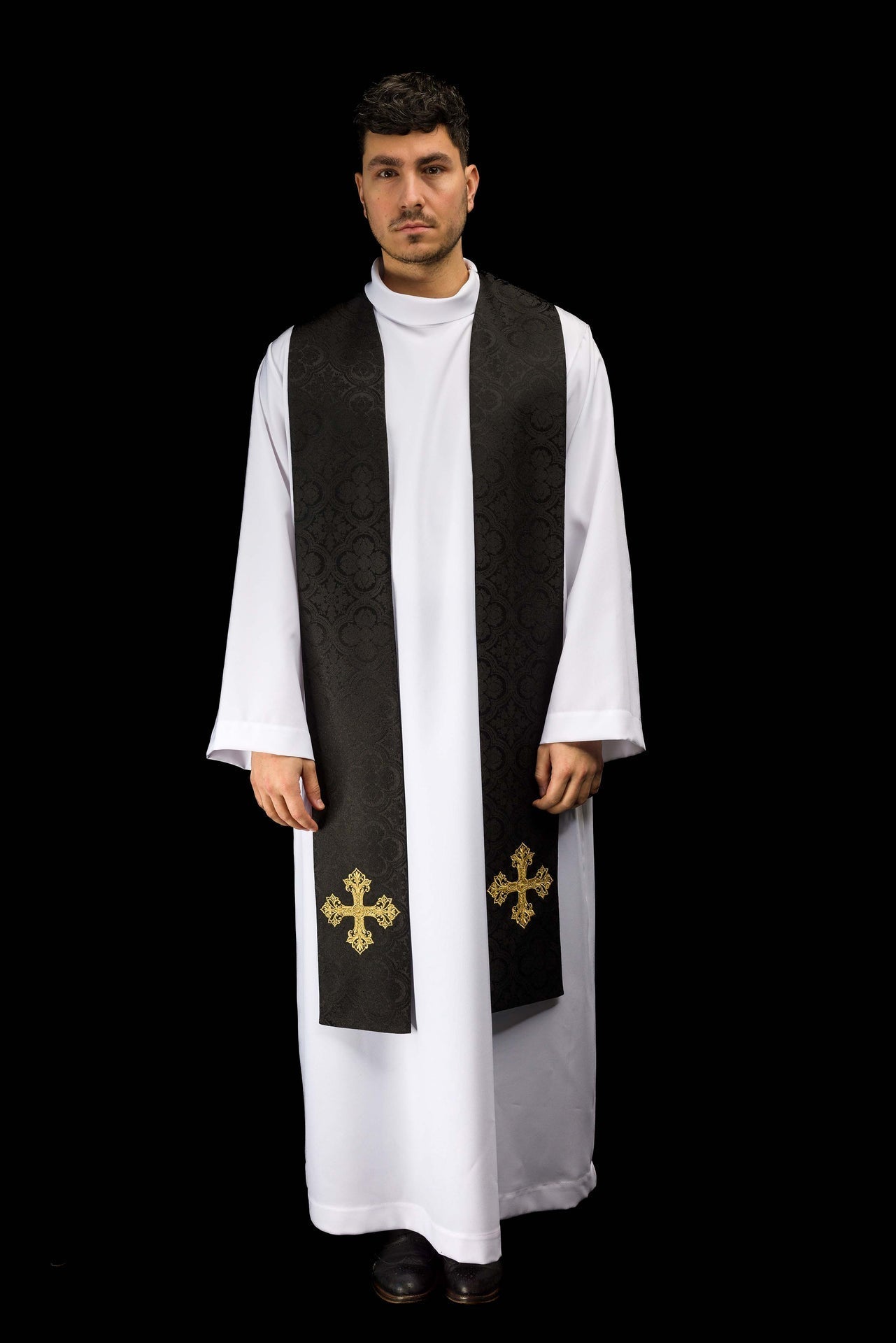 Black jacquard stole embroidered with a cross motif KST/967/07/11 - CHASUBLES.COM