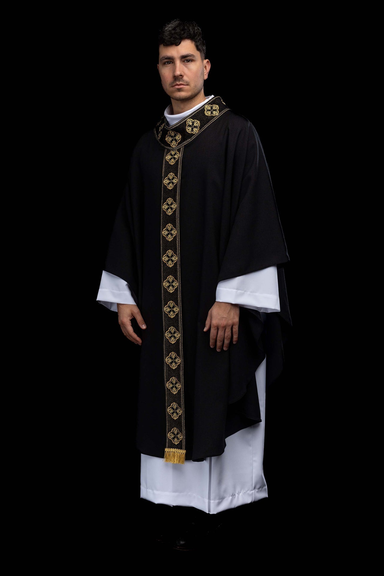 Black liturgical chasuble with an embroidered orphrey and a cross - patterned collar S-7069-07-70 - CHASUBLES.COM