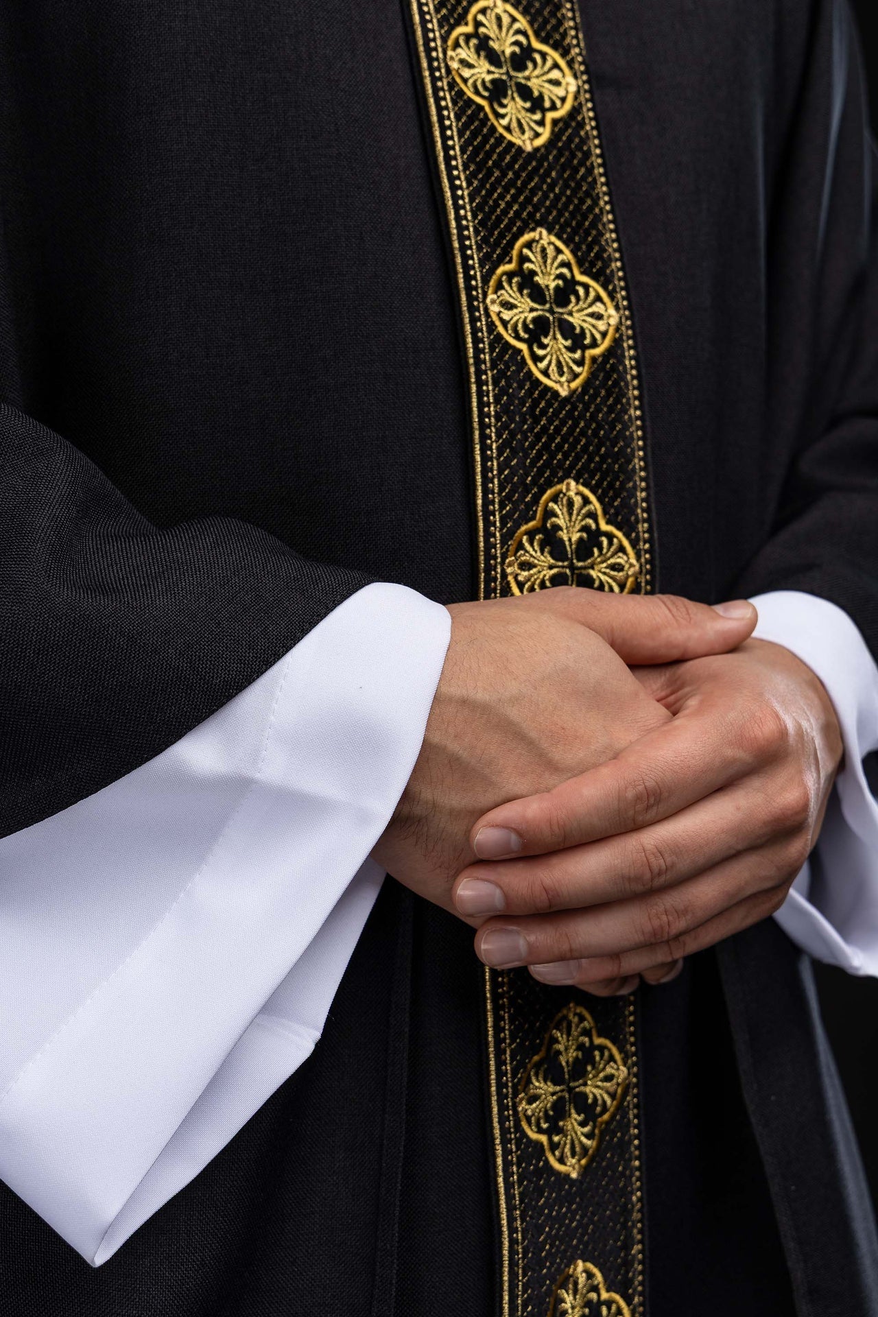 Black liturgical chasuble with an embroidered orphrey and a cross - patterned collar S-7069-07-70 - CHASUBLES.COM
