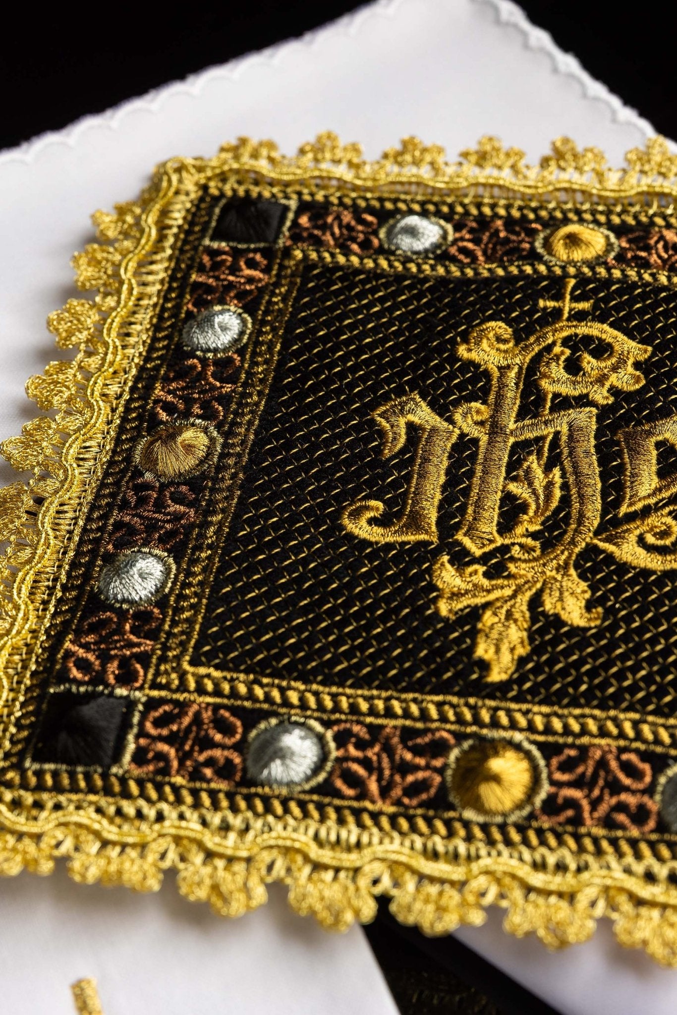 Black velvet chalice linens set with an embroidered IHS symbol S-5567-C6 - CHASUBLES.COM