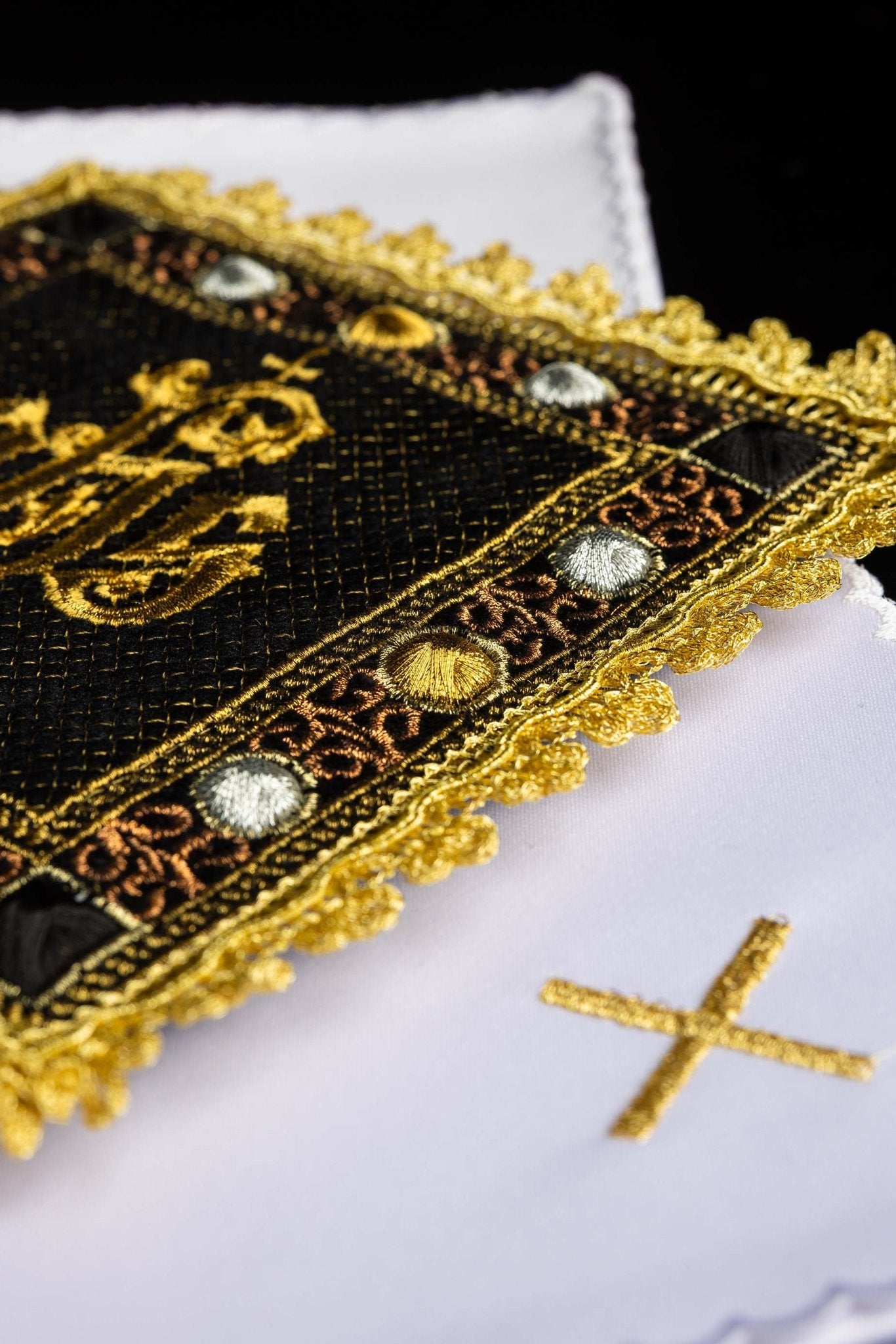 Black velvet chalice linens set with an embroidered IHS symbol S-5567-C6 - CHASUBLES.COM