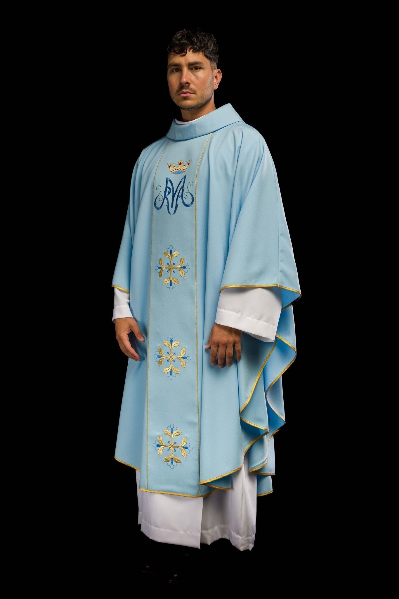 Blue liturgical chasuble with gold Marian embroidery KOR/128/06/01 NIEBIESKI - HAFTINAUSA.COM