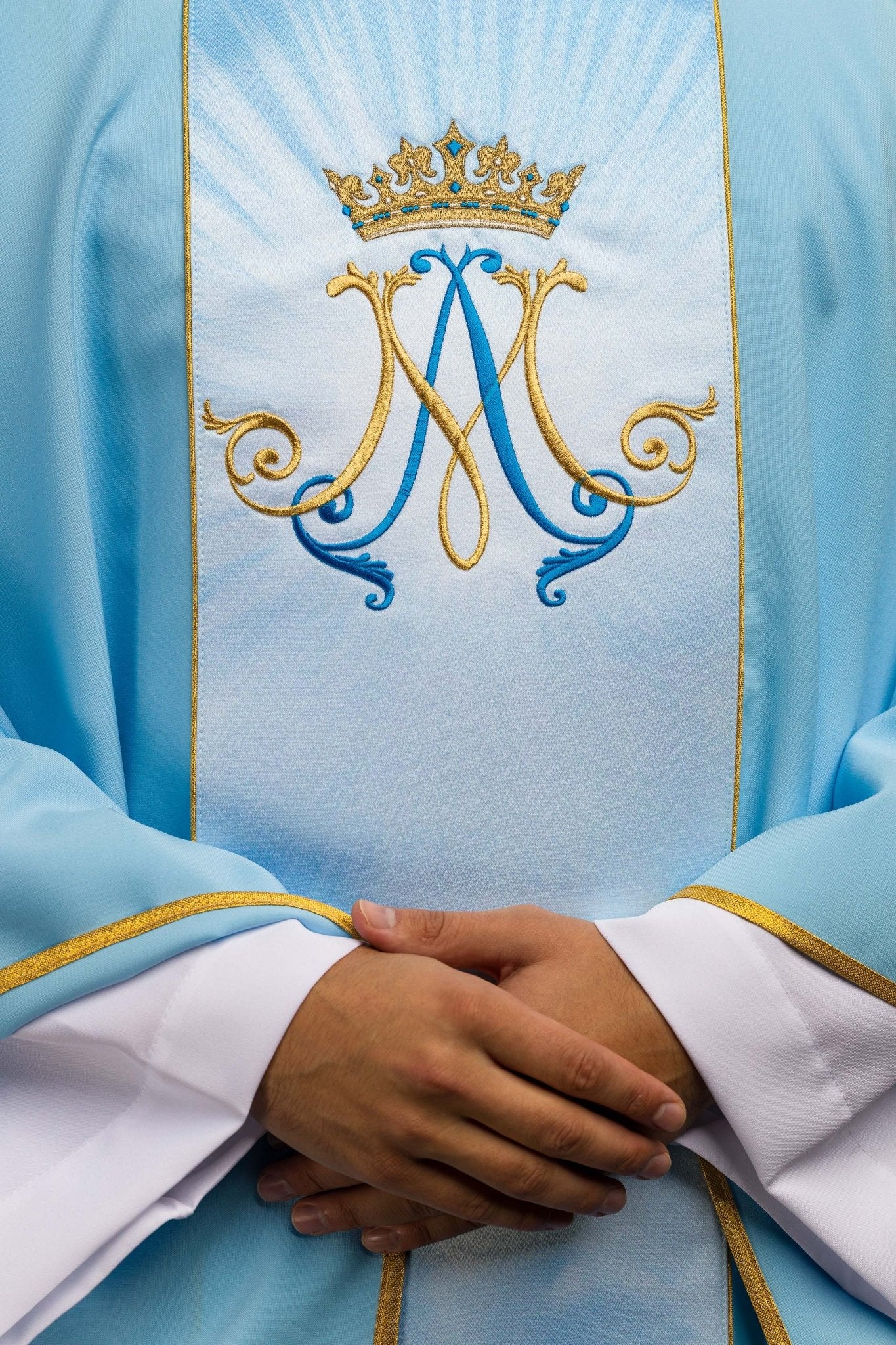 Blue Marian liturgical chasuble with sublimated and embroidered belt HA7020-06 NIEBIESKI - CHASUBLES.COM