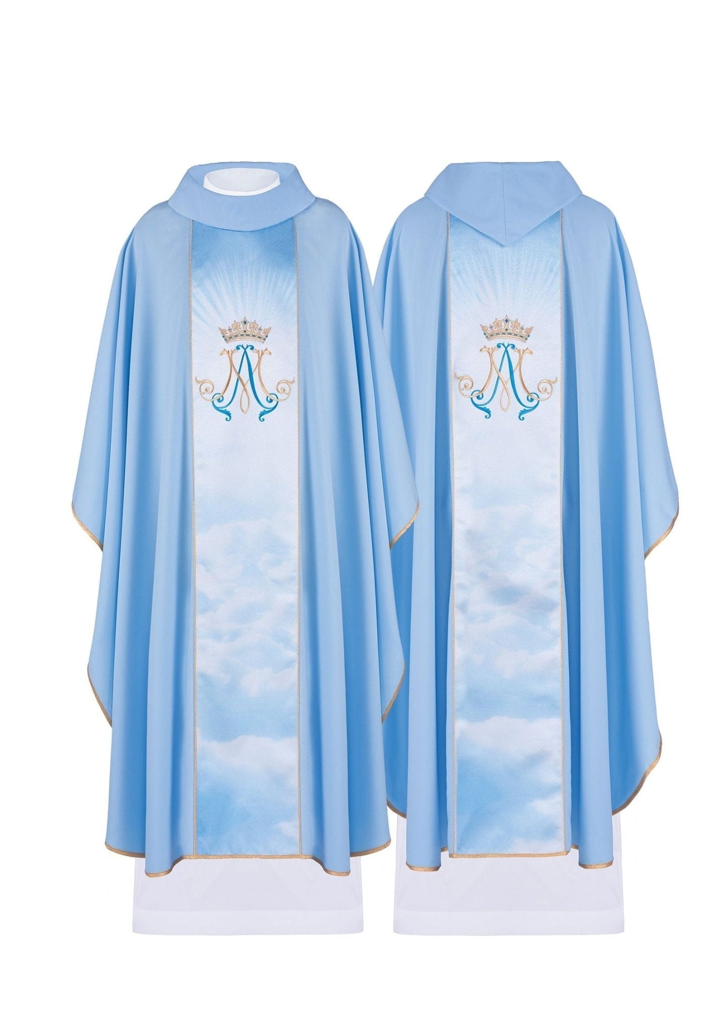 Blue Marian liturgical chasuble with sublimated and embroidered belt HA7020 - 06 NIEBIESKI - HAFTINAUSA.COM