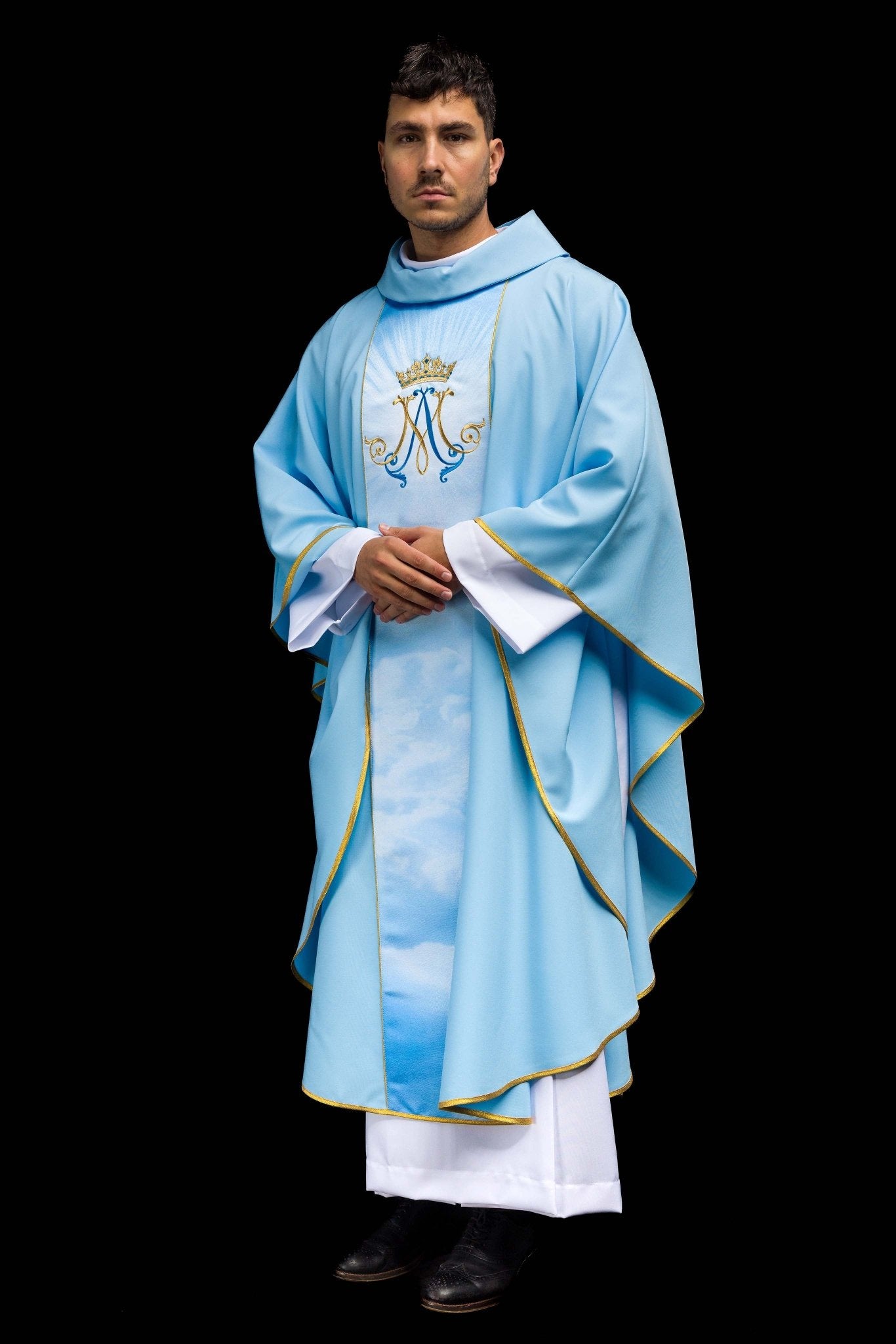 Blue Marian liturgical chasuble with sublimated and embroidered belt HA7020-06 NIEBIESKI - CHASUBLES.COM