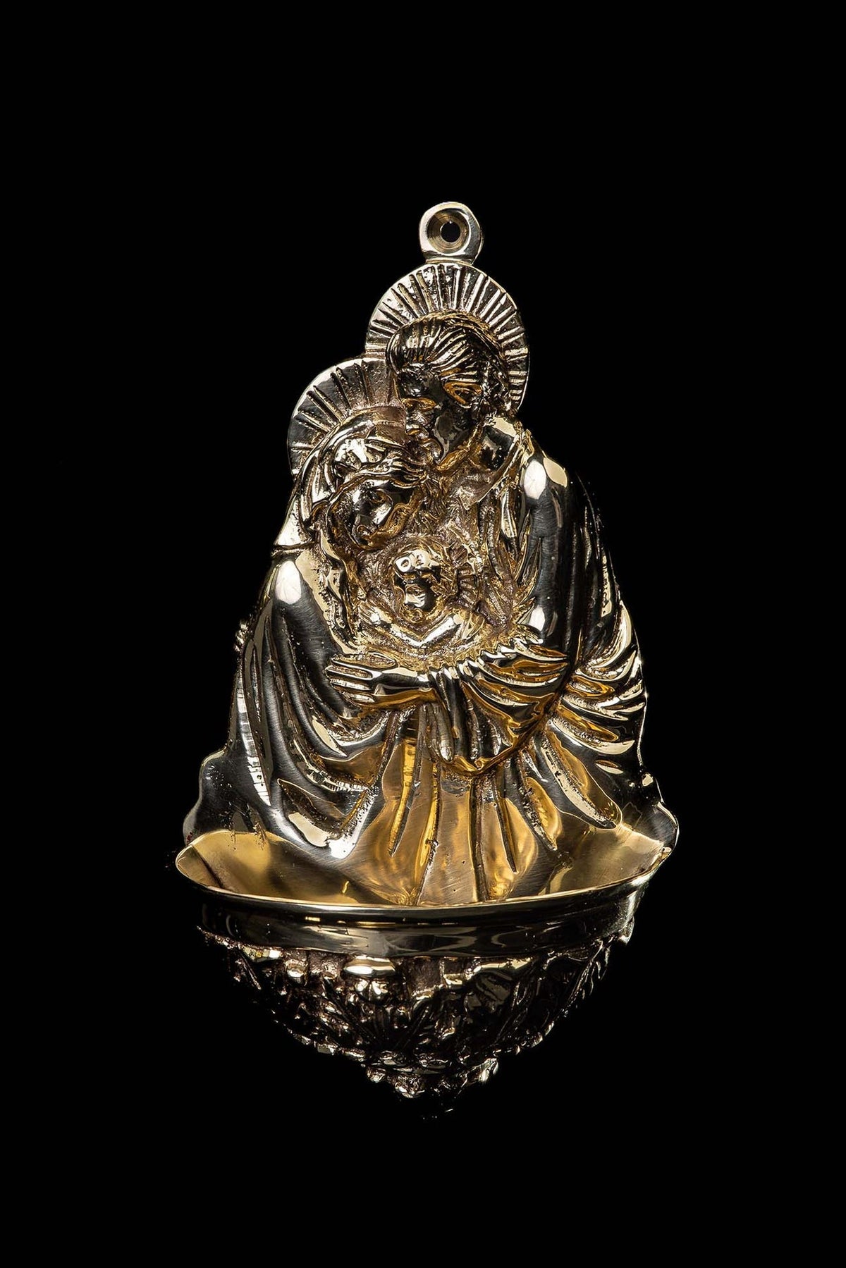 Brass Holy Water Font with Holy Family Motif ST/KRL/001/Z - CHASUBLES.COM