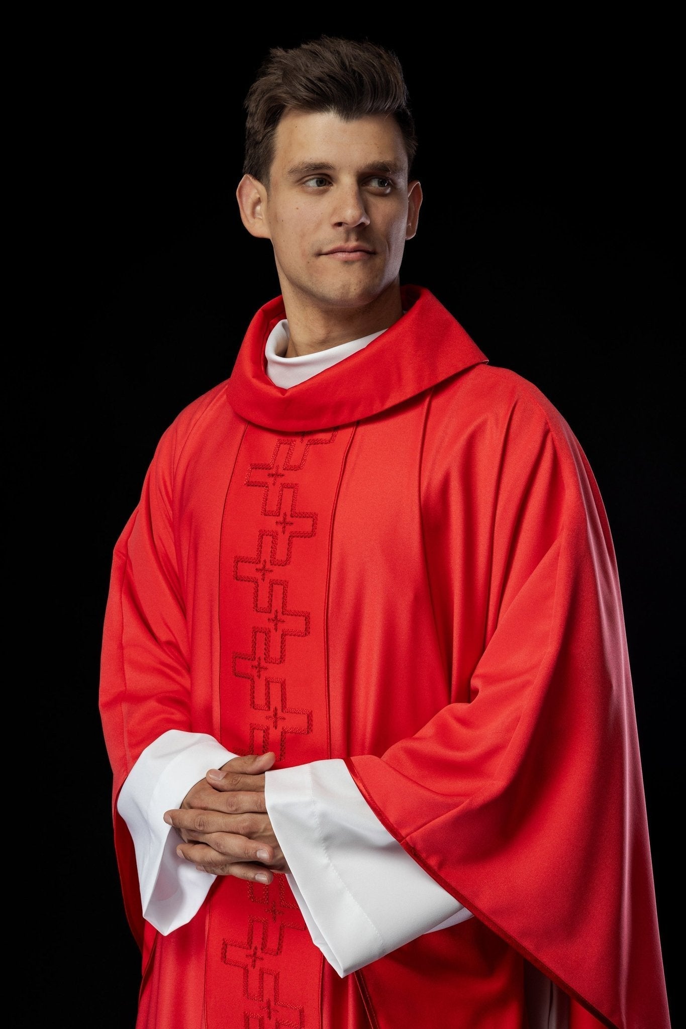 Catholic priest chasuble in red embroidery of crosses in red color S - 7060 - 02 - 53 - HAFTINAUSA.COM