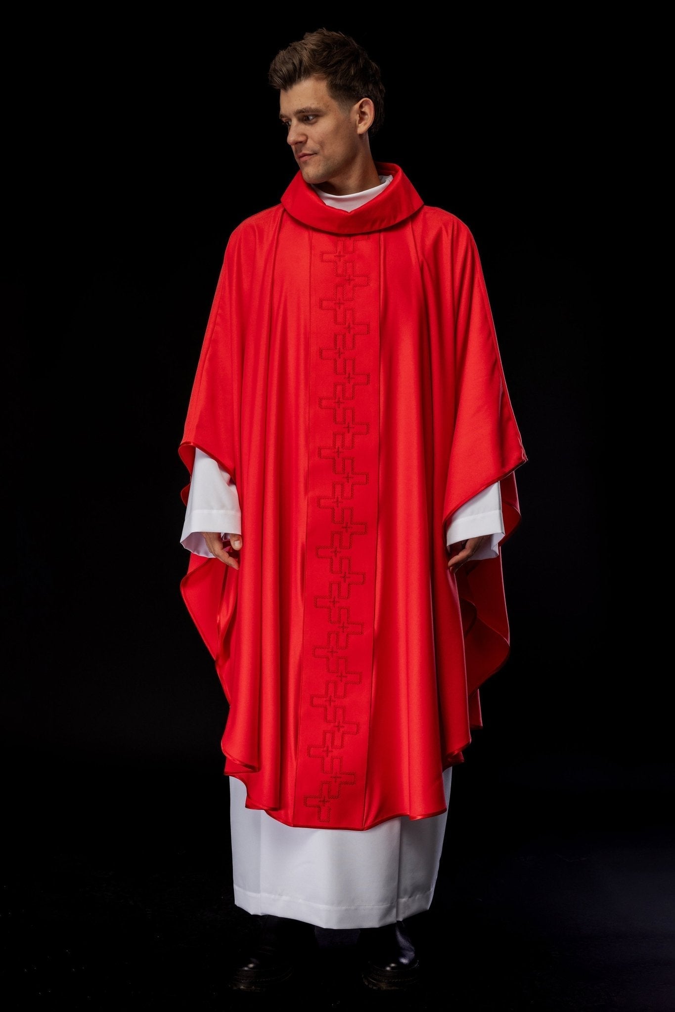 Catholic priest chasuble in red embroidery of crosses in red color S - 7060 - 02 - 53 - HAFTINAUSA.COM