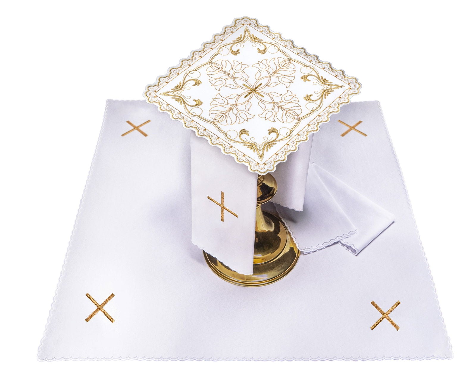 Chalice linen set with cross motif with decorative floral embroidery S - 5557 - HAFTINAUSA.COM