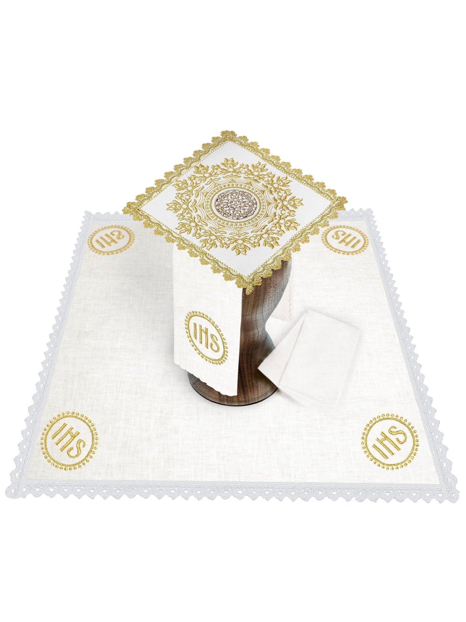Chalice Linen Set with metal gold cross and IHS embroidery HA/5003 - HAFTINAUSA.COM