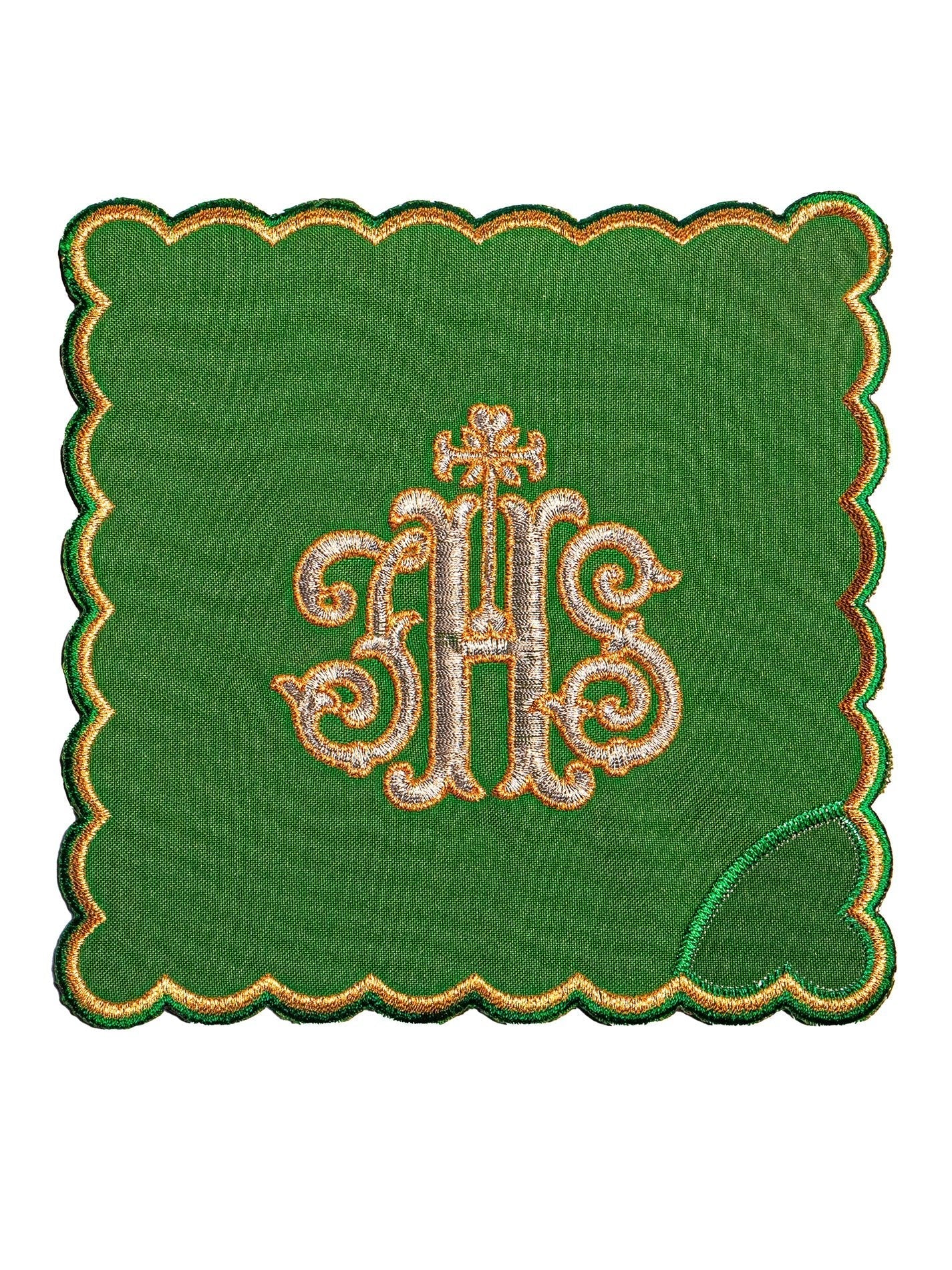 Chalice Linens Embroidered in Green with IHS KK/072/01 - HAFTINAUSA.COM