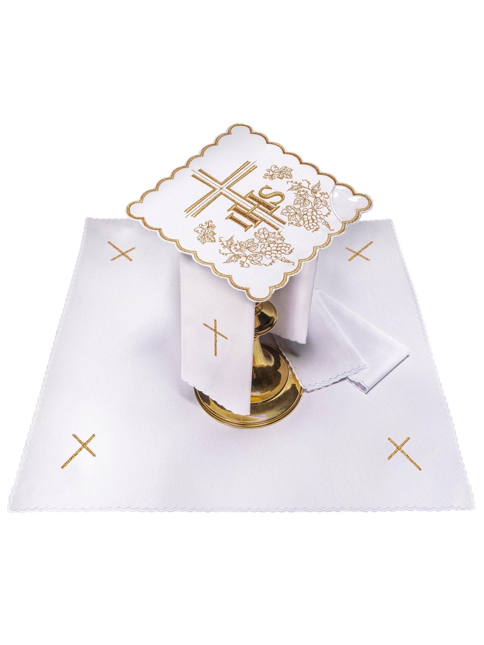 Chalice linens set made from cotton with gold cross and heart embroidery KK/156/04 - HAFTINAUSA.COM