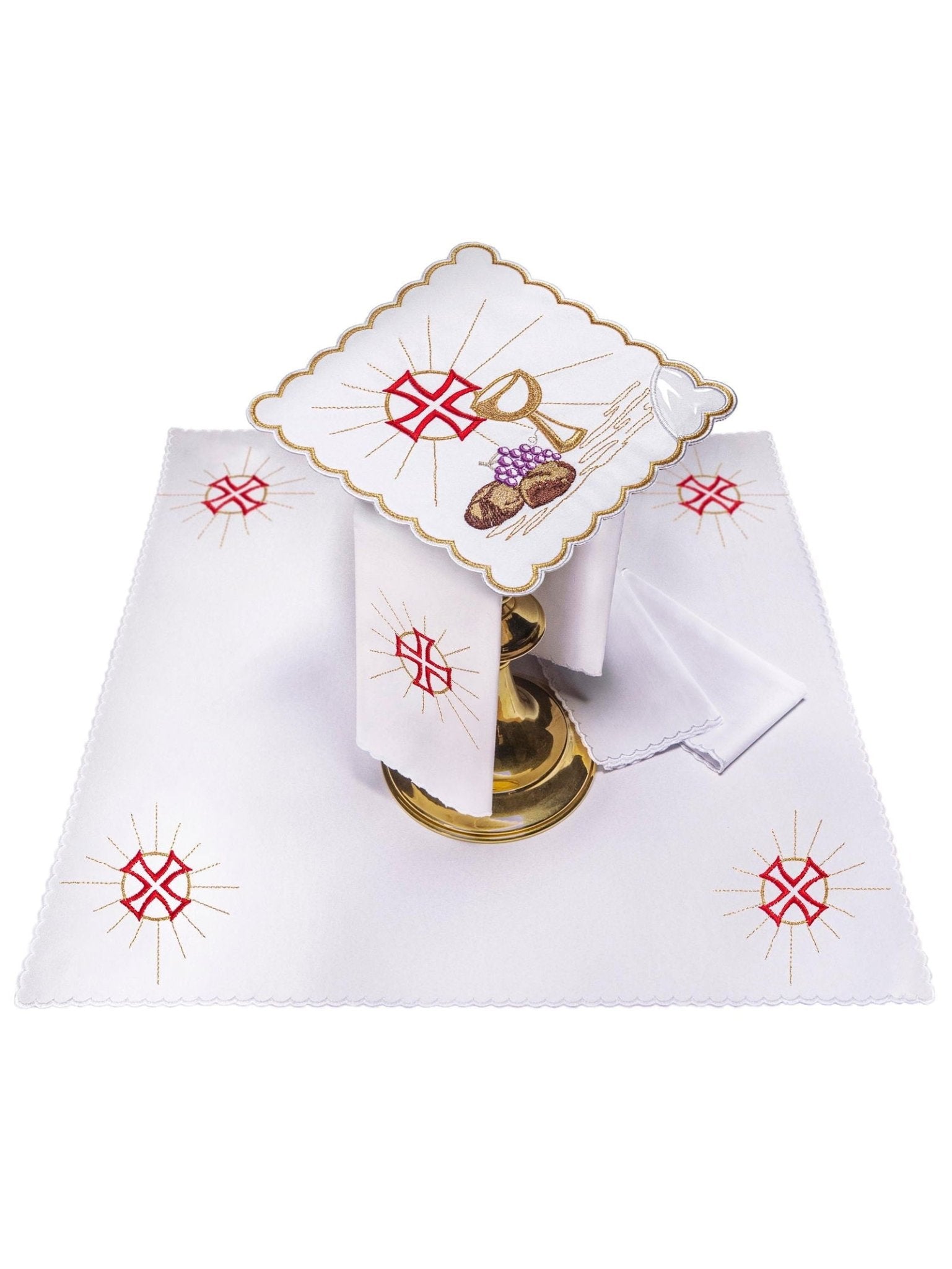 Chalice Linens with red cross, bread and wine motifs KK/050 - HAFTINAUSA.COM