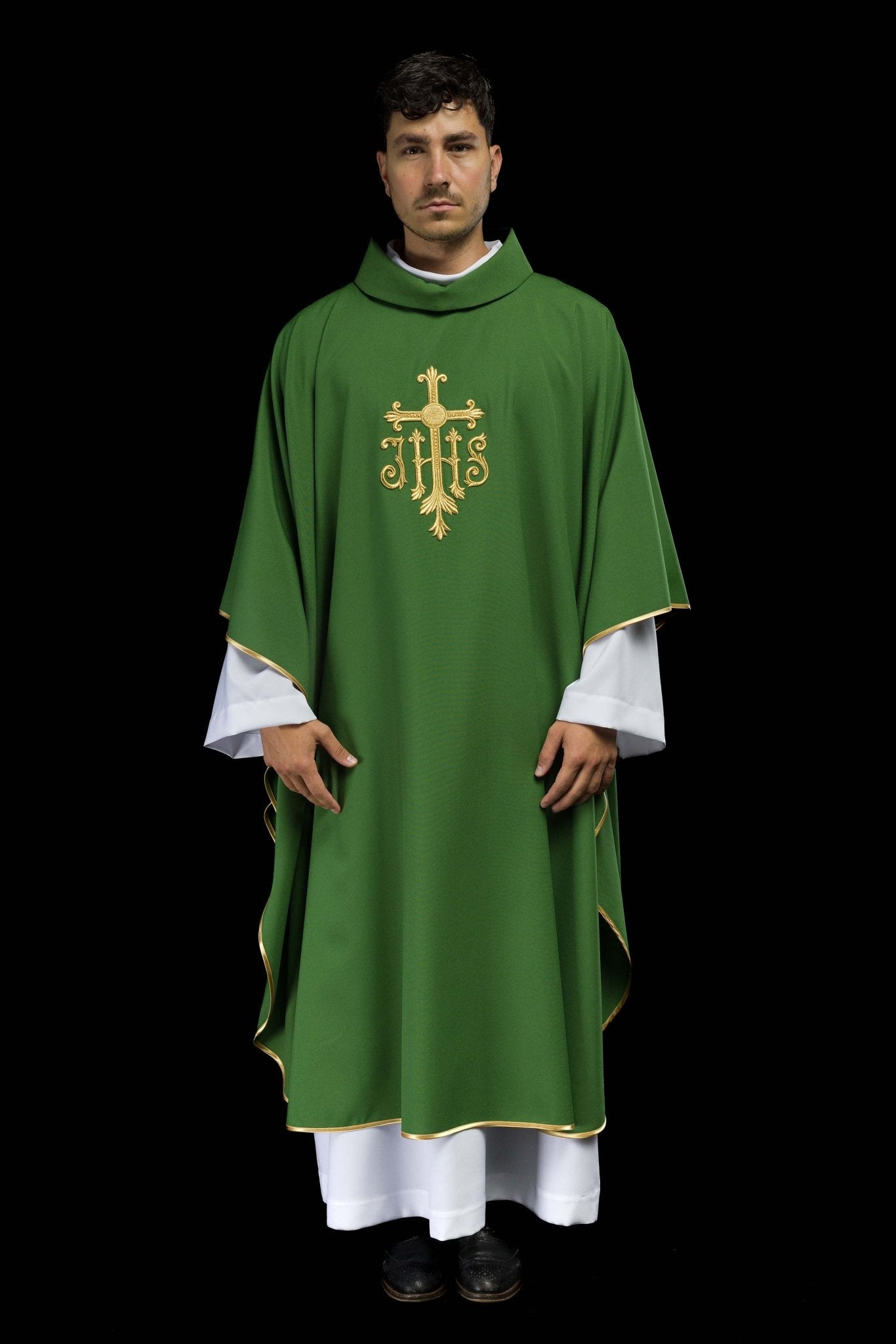 Chasuble embroidered with IHS symbol in green KOR/255/01/12 - CHASUBLES.COM