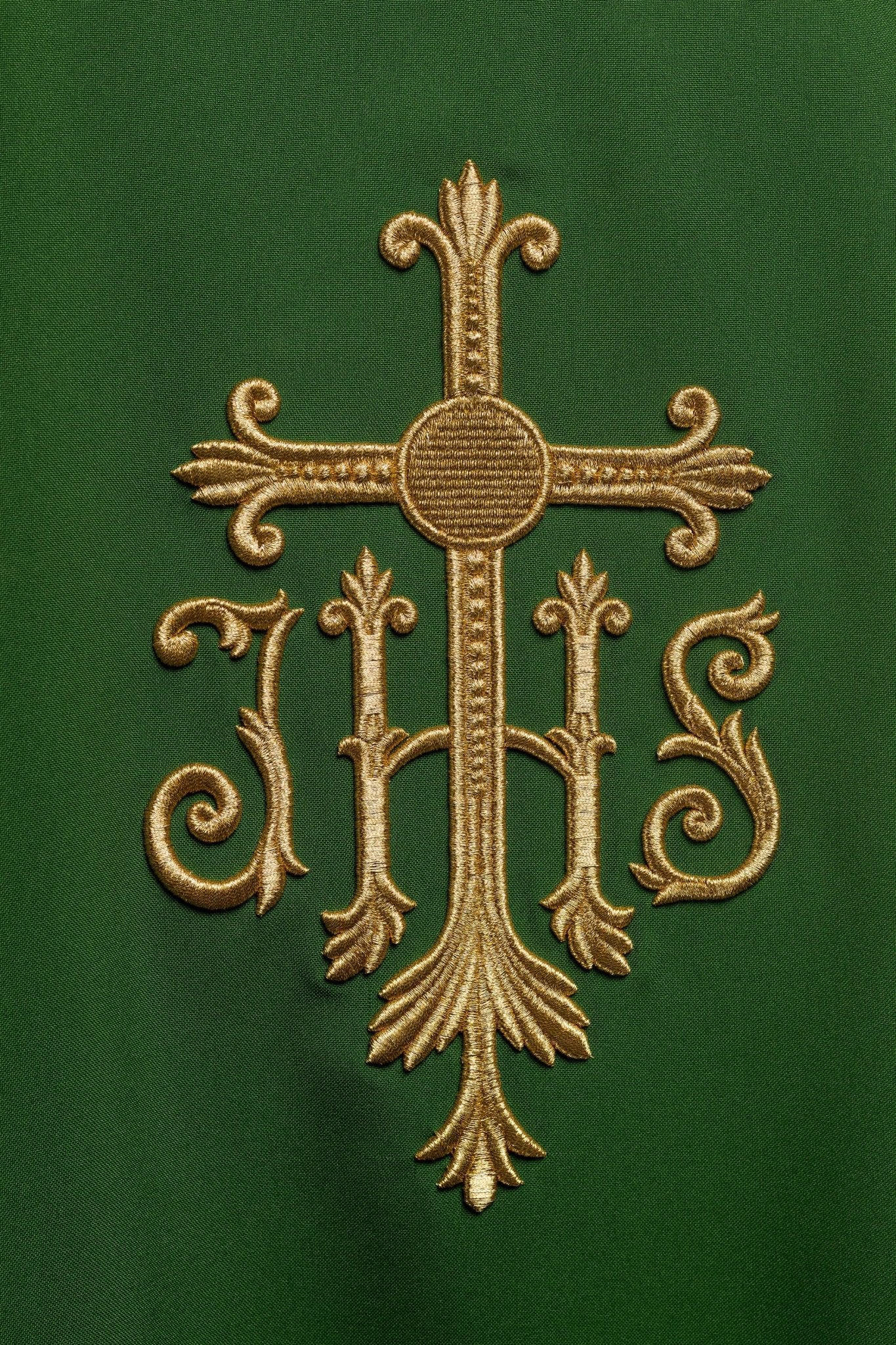 Chasuble embroidered with IHS symbol in green KOR/255/01/12 - CHASUBLES.COM
