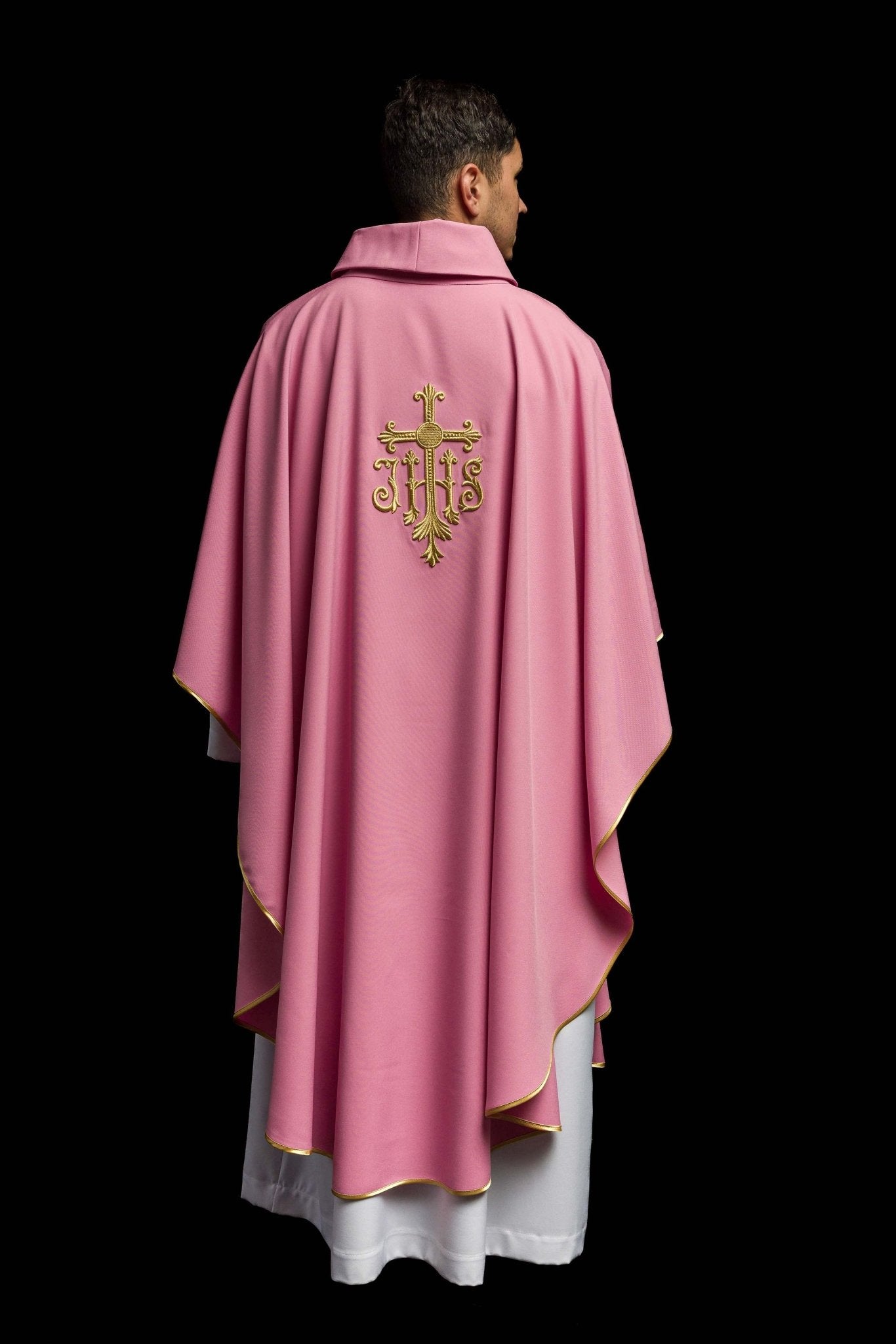 Chasuble embroidered with IHS symbol in pink KOR/255/08/12 - CHASUBLES.COM