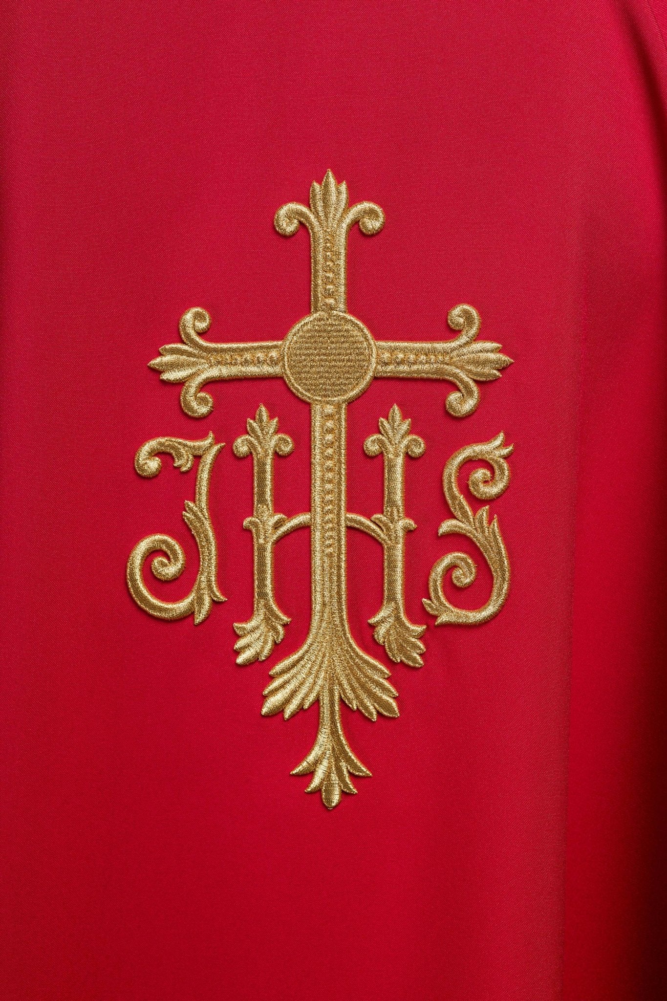 Chasuble embroidered with IHS symbol in red KOR/255/02/12 - CHASUBLES.COM
