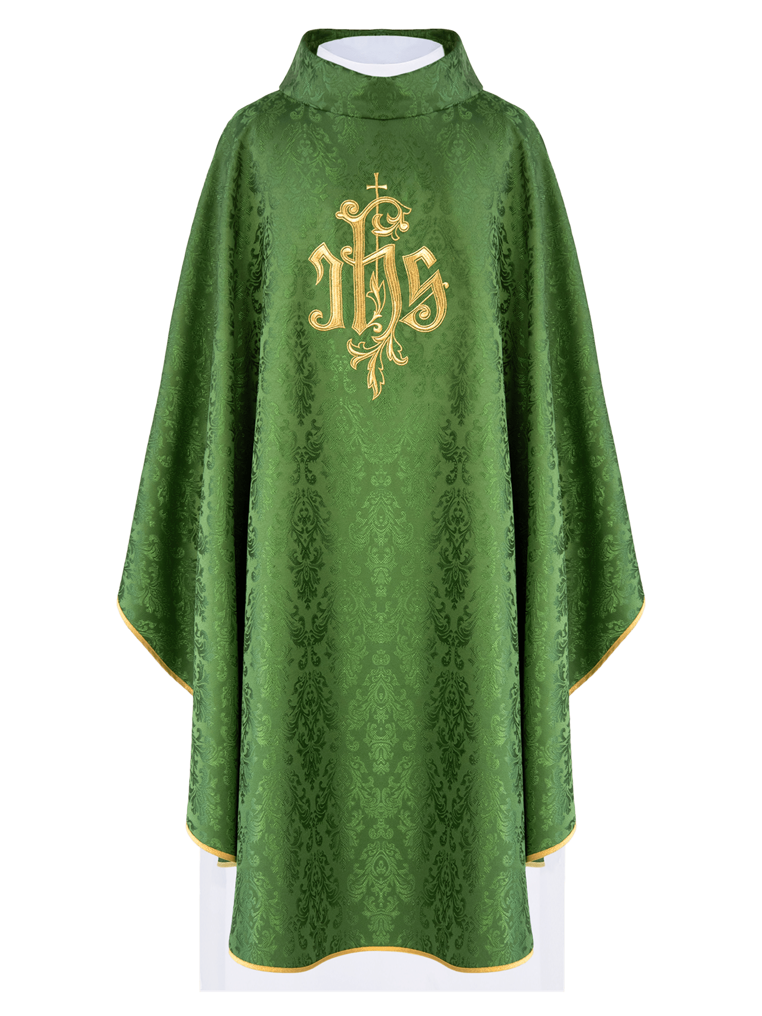Chasuble made of green floral ornamental texture with classic IHS LE/7032/01 - HAFTINAUSA.COM