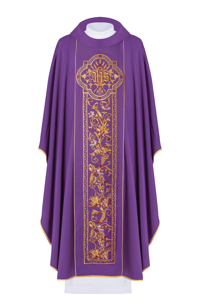 Chasuble richly embroidered with the symbol IHS in Purple KOR/056/03/01 FIOLET - HAFTINAUSA.COM