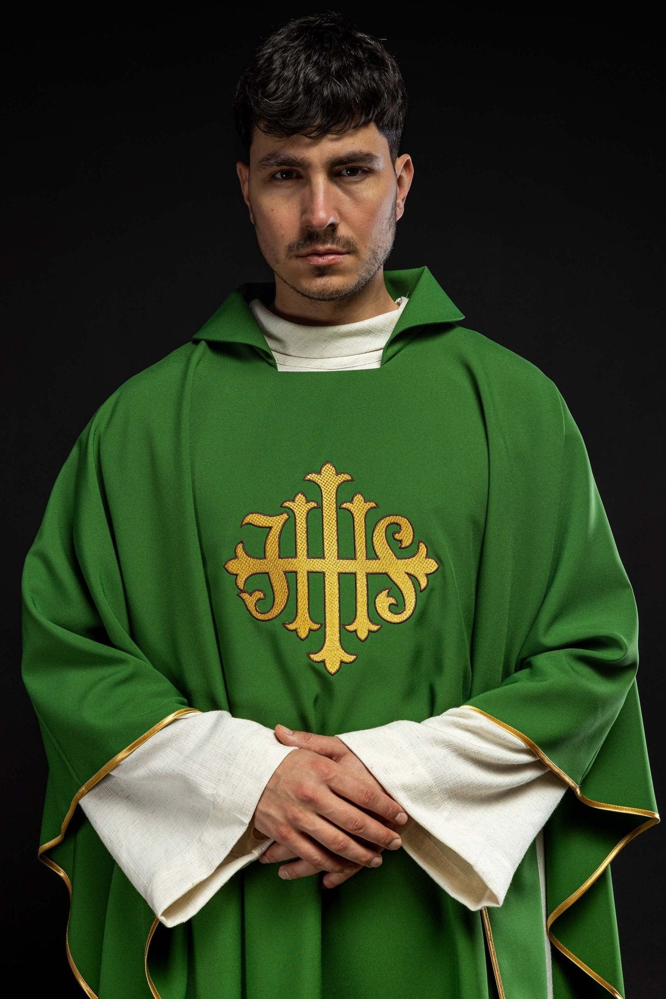 Chasuble with embroidered JHS symbol and wide collar green KOK/005/01/12/KARO - HAFTINAUSA.COM