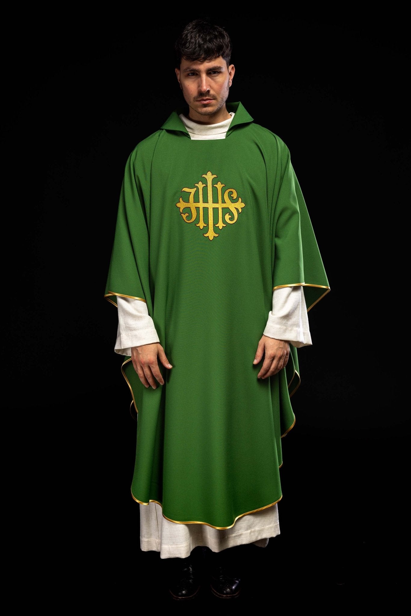 Chasuble with embroidered JHS symbol and wide collar green KOK/005/01/12/KARO - HAFTINAUSA.COM