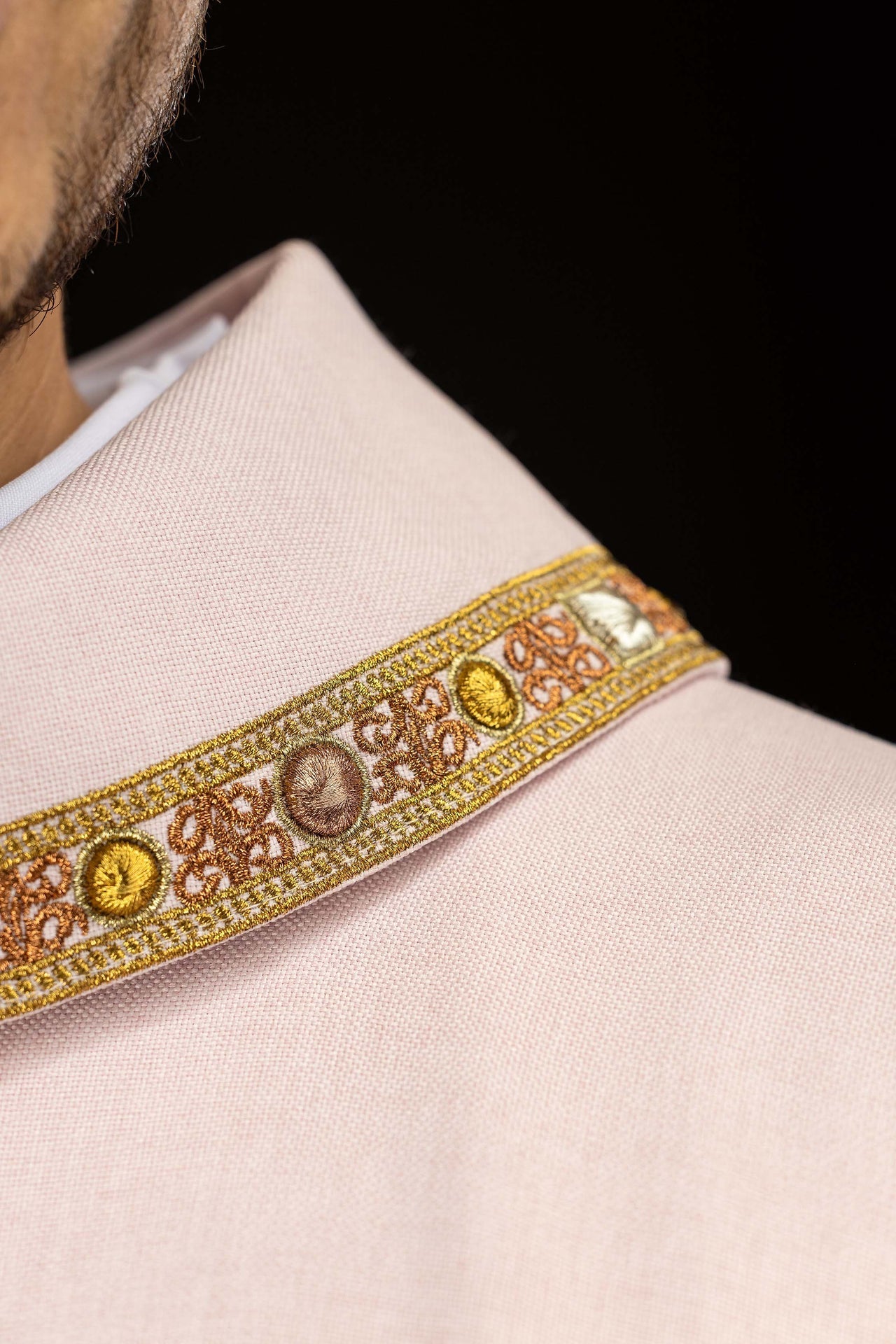 Chasuble with pink trim around the IHS embroidery and collar S-7073-08-70 - CHASUBLES.COM
