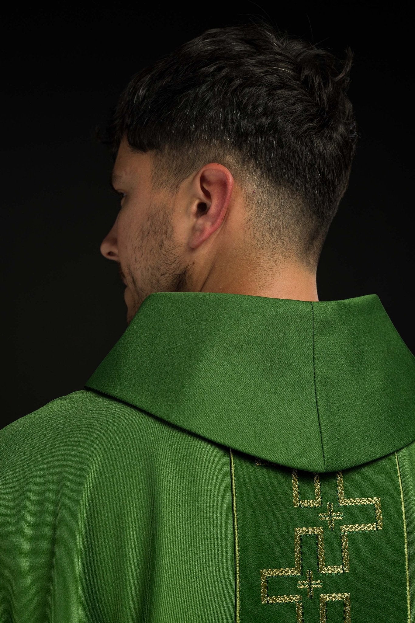 Chasuble with richly embroidered belt in embroidery of crosses in green color S-7060-01-53 - CHASUBLES.COM