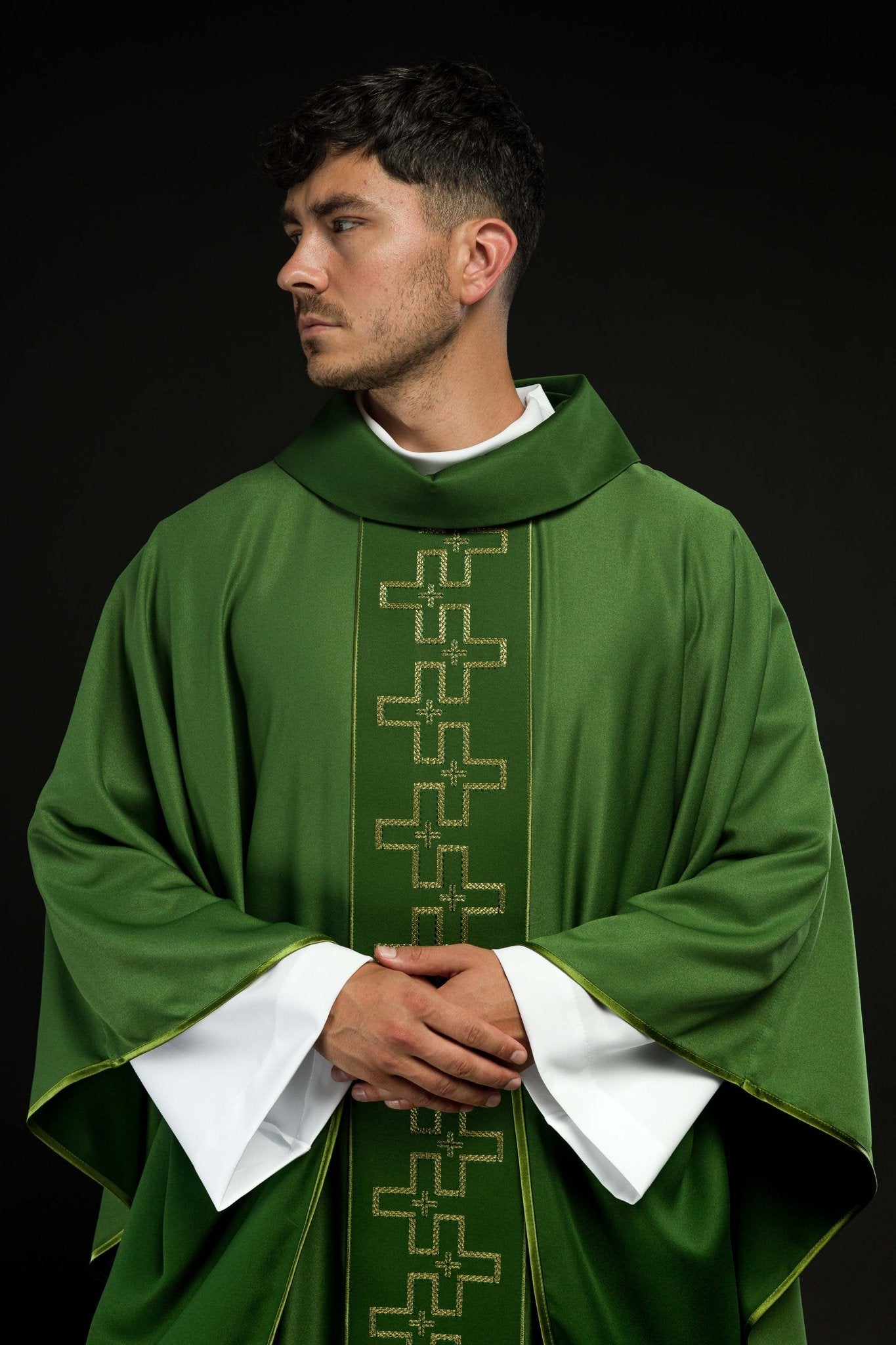 Chasuble with richly embroidered belt in embroidery of crosses in green color S-7060-01-53 - CHASUBLES.COM
