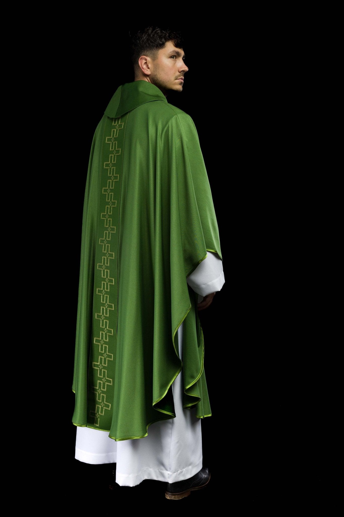 Chasuble with richly embroidered belt in embroidery of crosses in green color S-7060-01-53 - CHASUBLES.COM