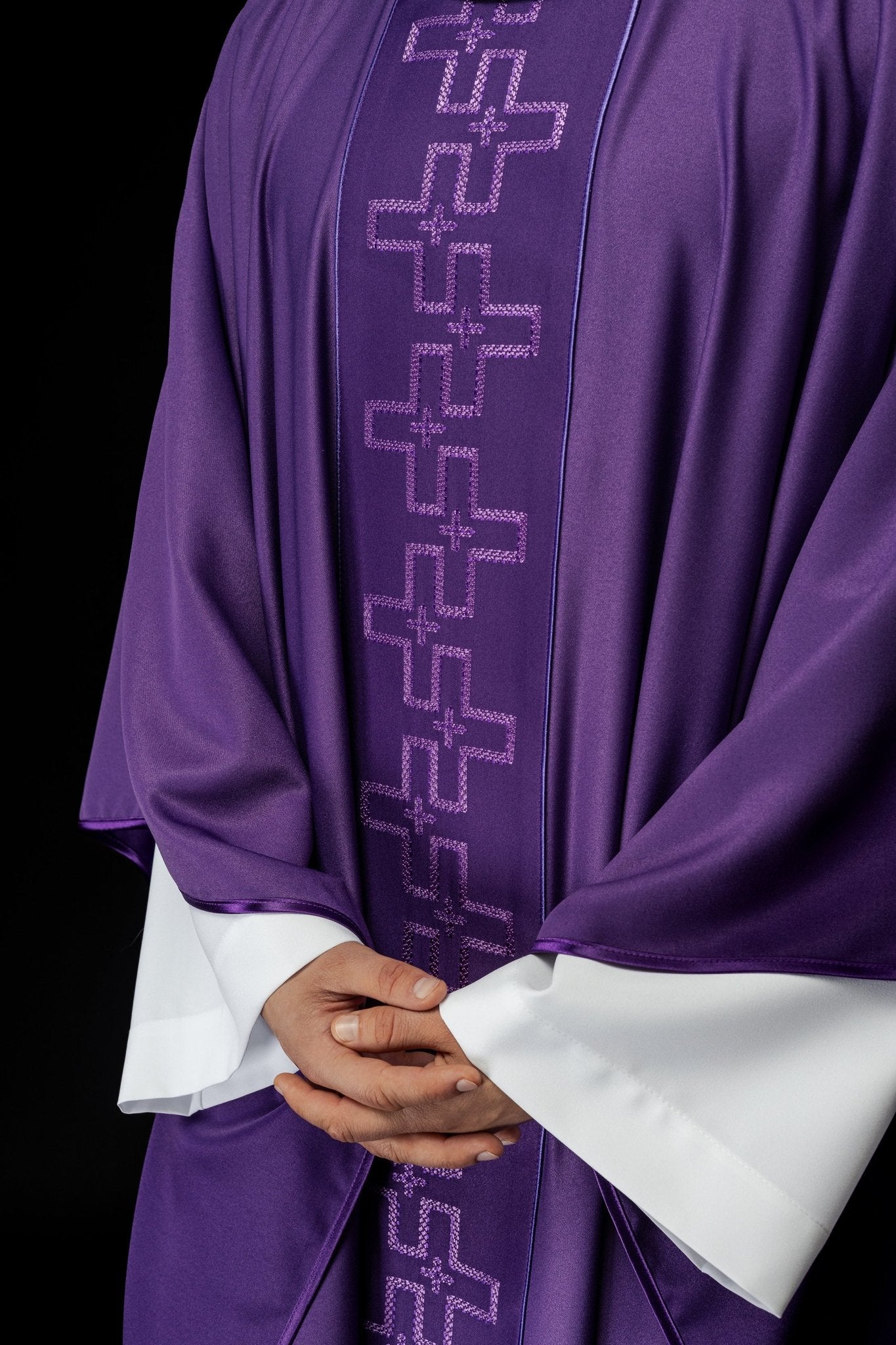 Chasuble with richly embroidered orphrey in embroidery of crosses in purple color S - 7060 - 03 - 53 - HAFTINAUSA.COM