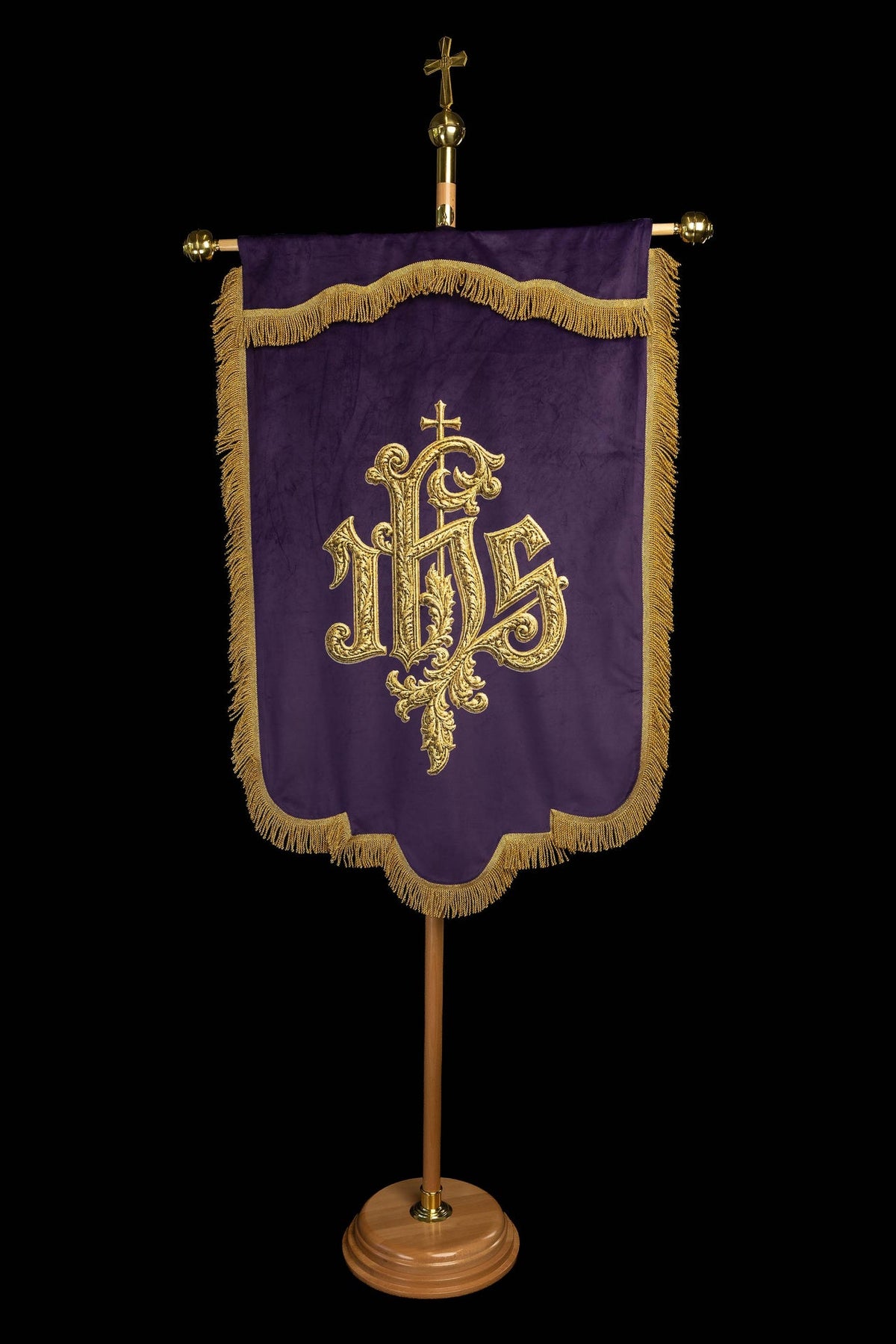 Front view of a Purple Banner Printed on Both Sides with IHS and Pax Motifs with gold fringe