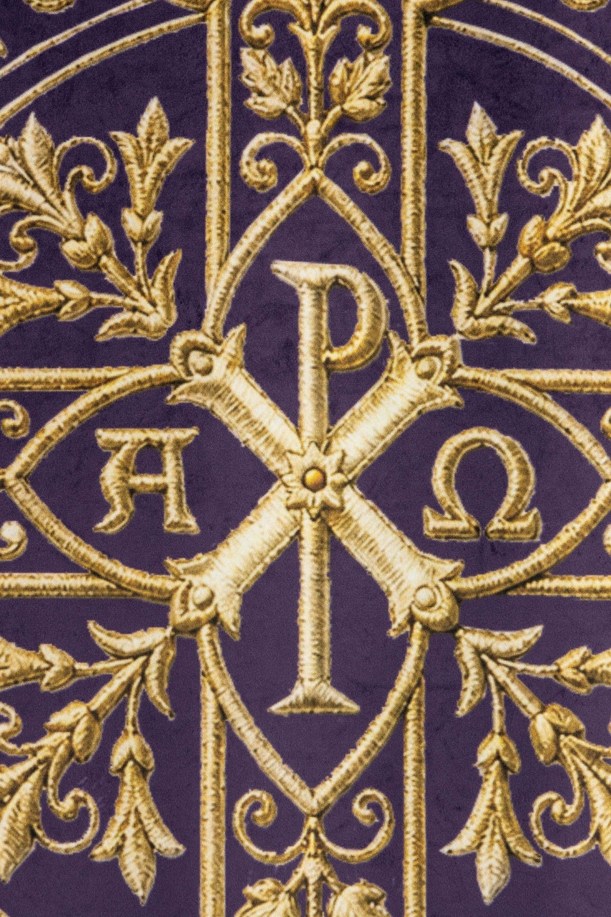 Close-up of the purple banner with gold Pax motif and floral details
