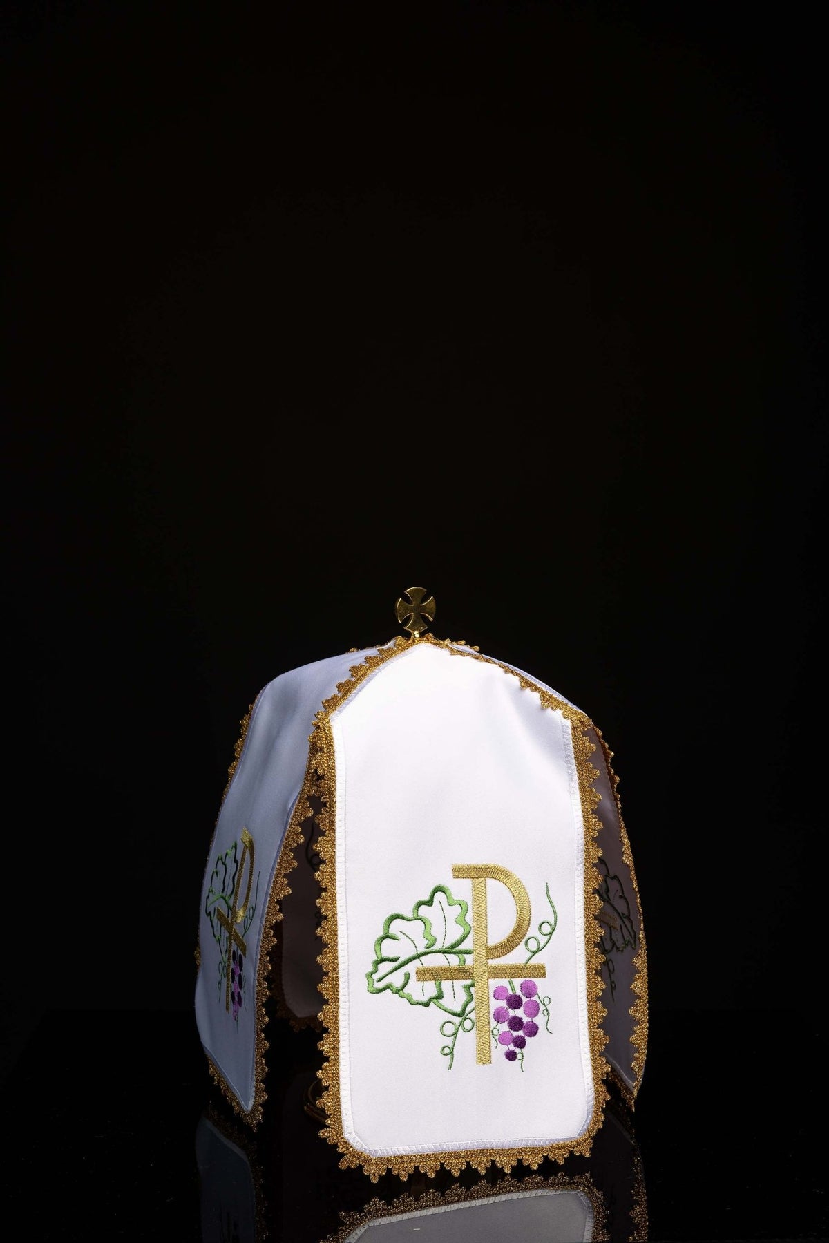 Front view of a Ciborium Veil with Embroidered PAX Motif in white with gold trim and PAX embroidery