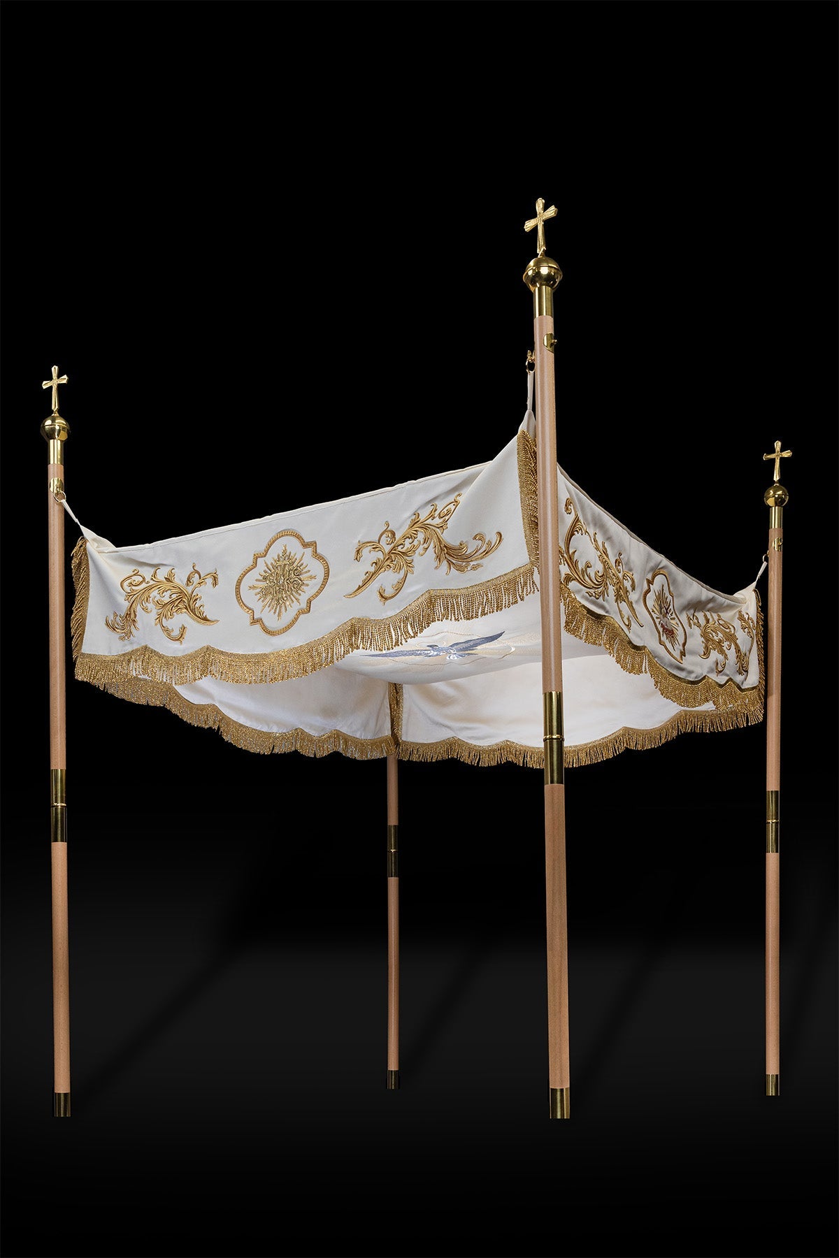 Corpus Christi Processional Canopy Ecru Satin IHS Embroidery 55 x 63 in KDT/0053/05/20 140*160 - CHASUBLES.COM