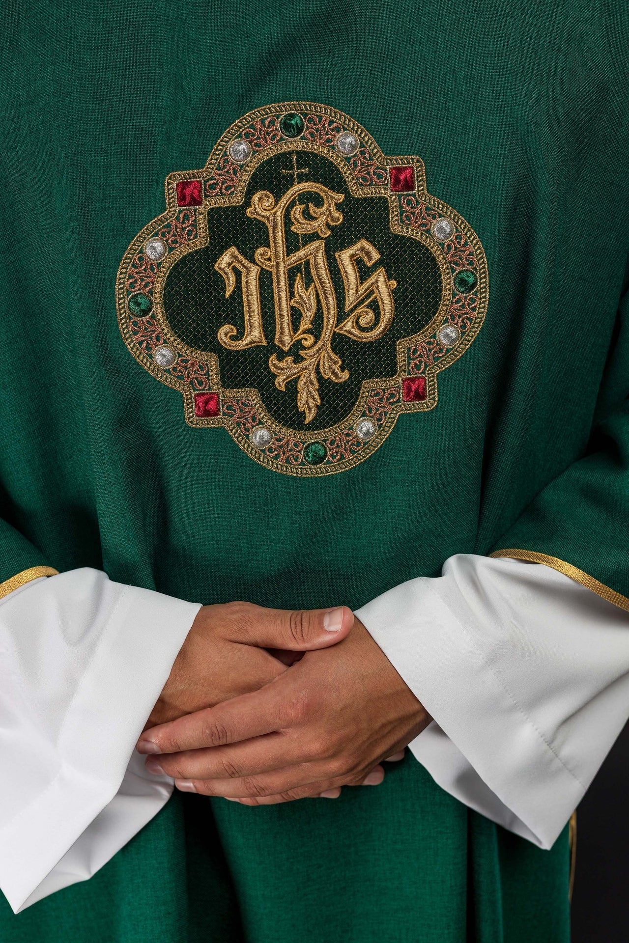 Dalmatic with IHS Symbol and Green Collar S-1073-01-70-D - CHASUBLES.COM