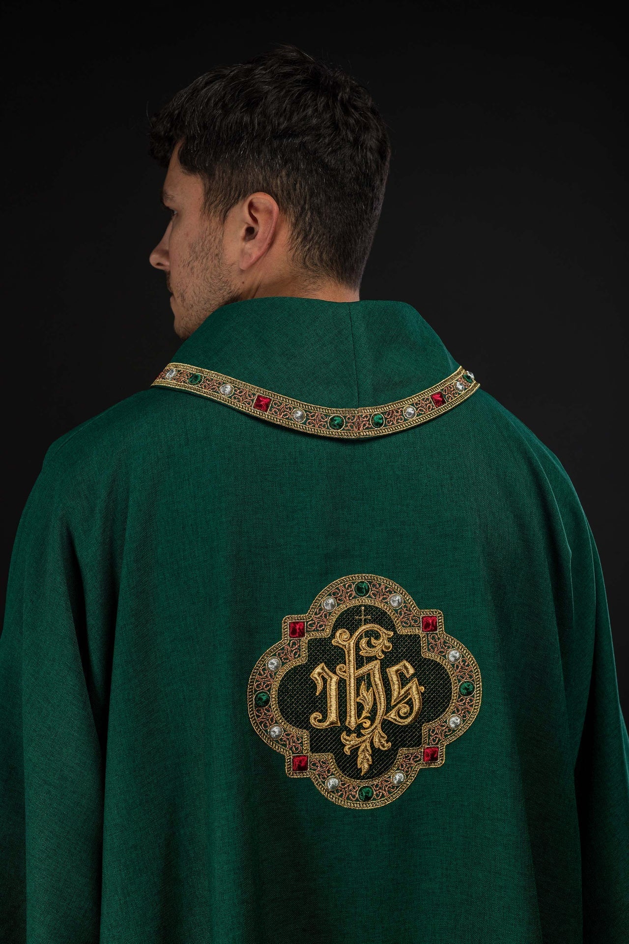 Dalmatic with IHS Symbol and Green Collar S-1073-01-70-D - CHASUBLES.COM