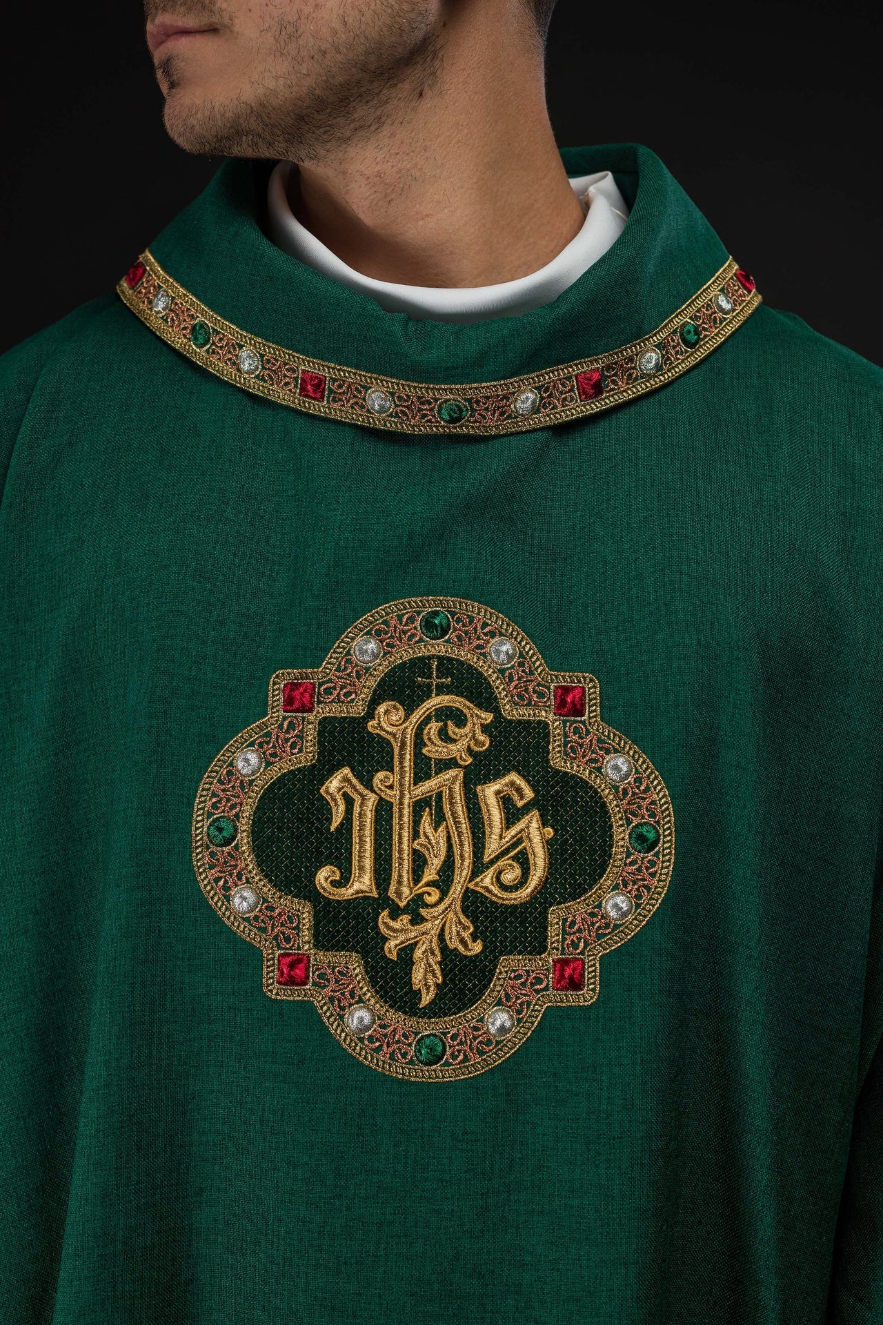 Dalmatic with IHS Symbol and Green Collar S-1073-01-70-D - CHASUBLES.COM