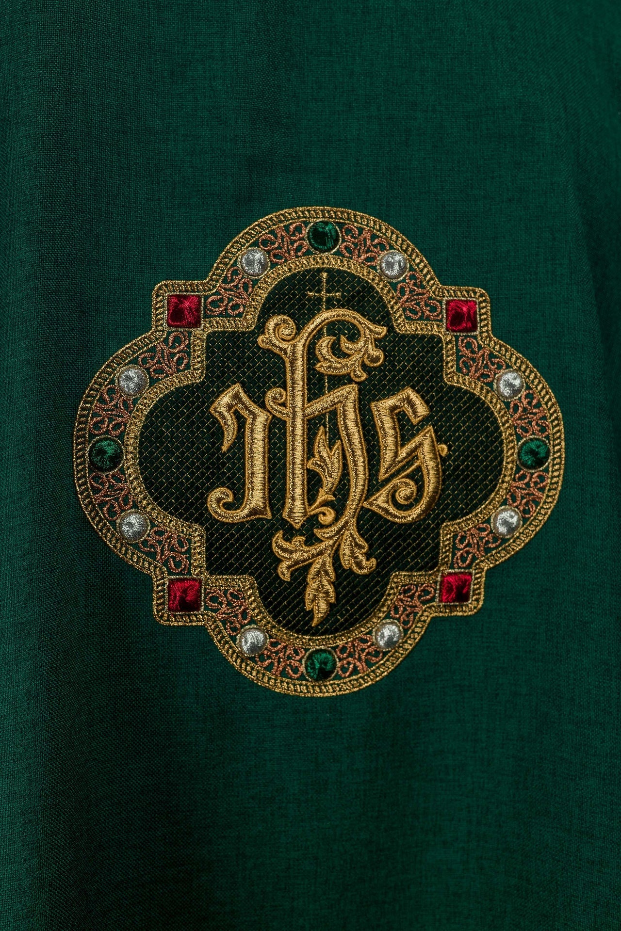 Dalmatic with IHS Symbol and Green Collar S-1073-01-70-D - CHASUBLES.COM