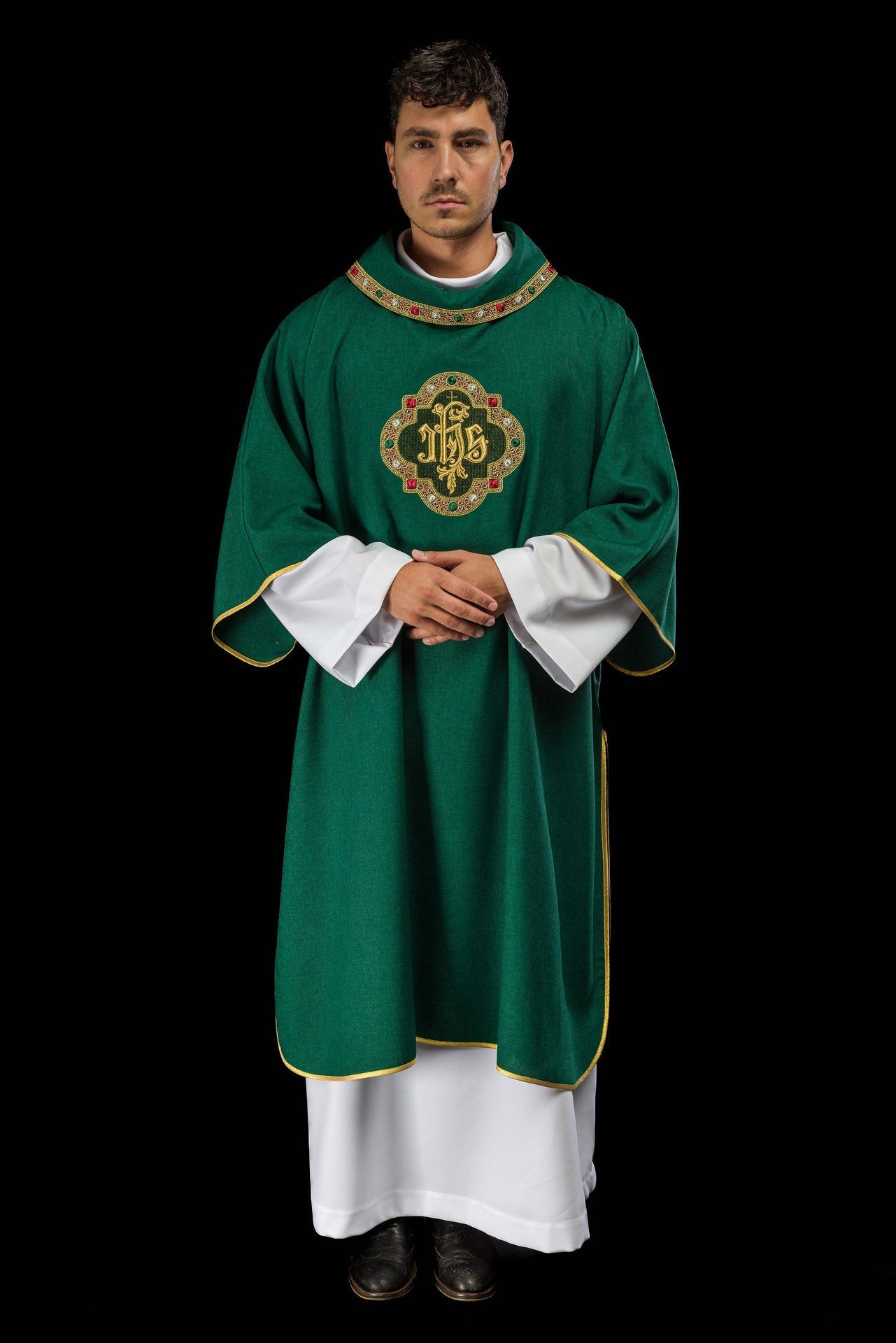 Dalmatic with IHS Symbol and Green Collar S-1073-01-70-D - CHASUBLES.COM