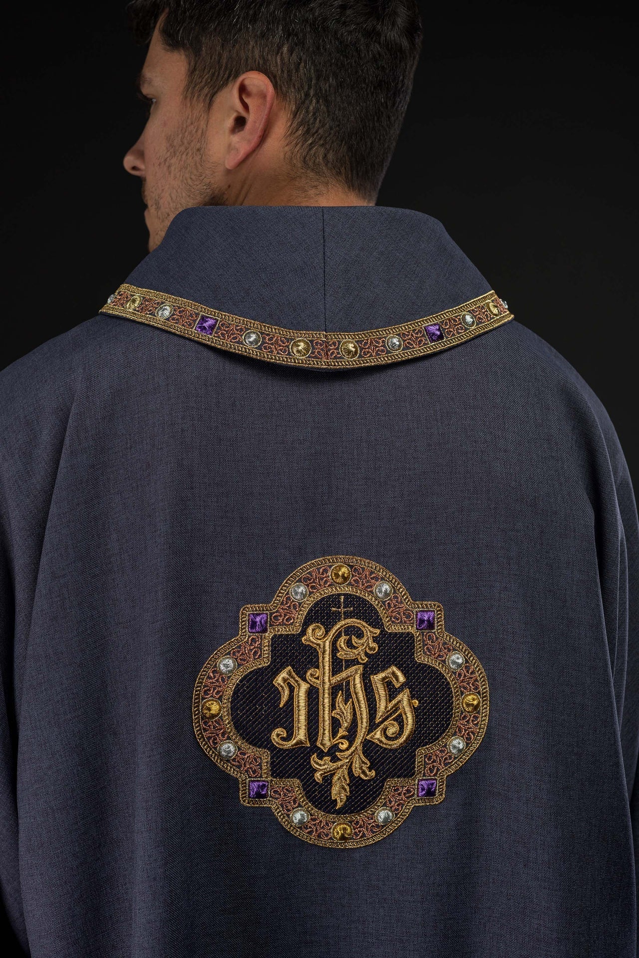Dalmatic with IHS Symbol and Purple Collar S-1073-03-70-D - CHASUBLES.COM