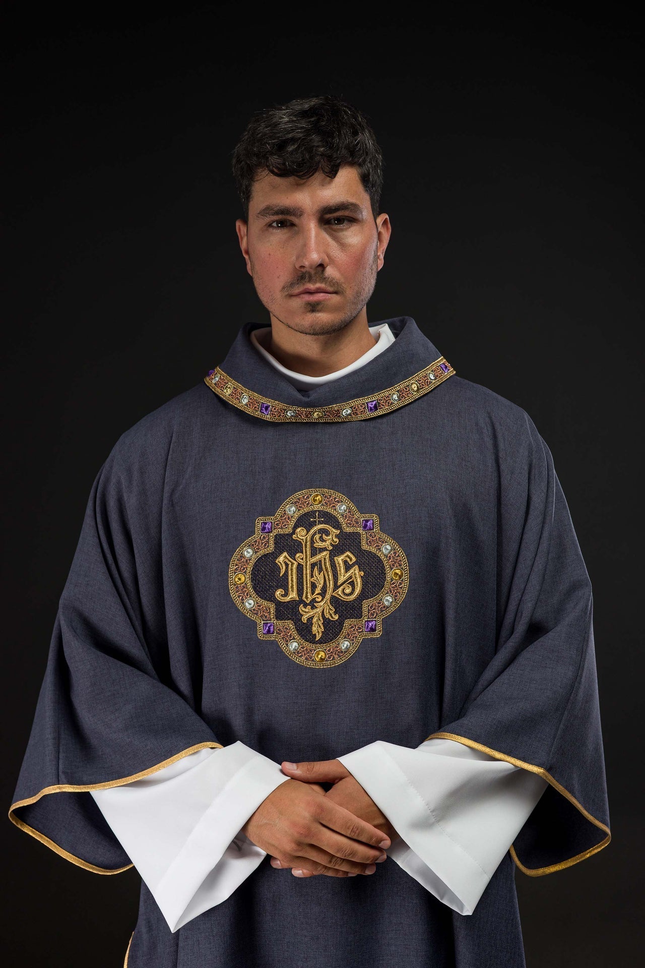 Dalmatic with IHS Symbol and Purple Collar S-1073-03-70-D - CHASUBLES.COM
