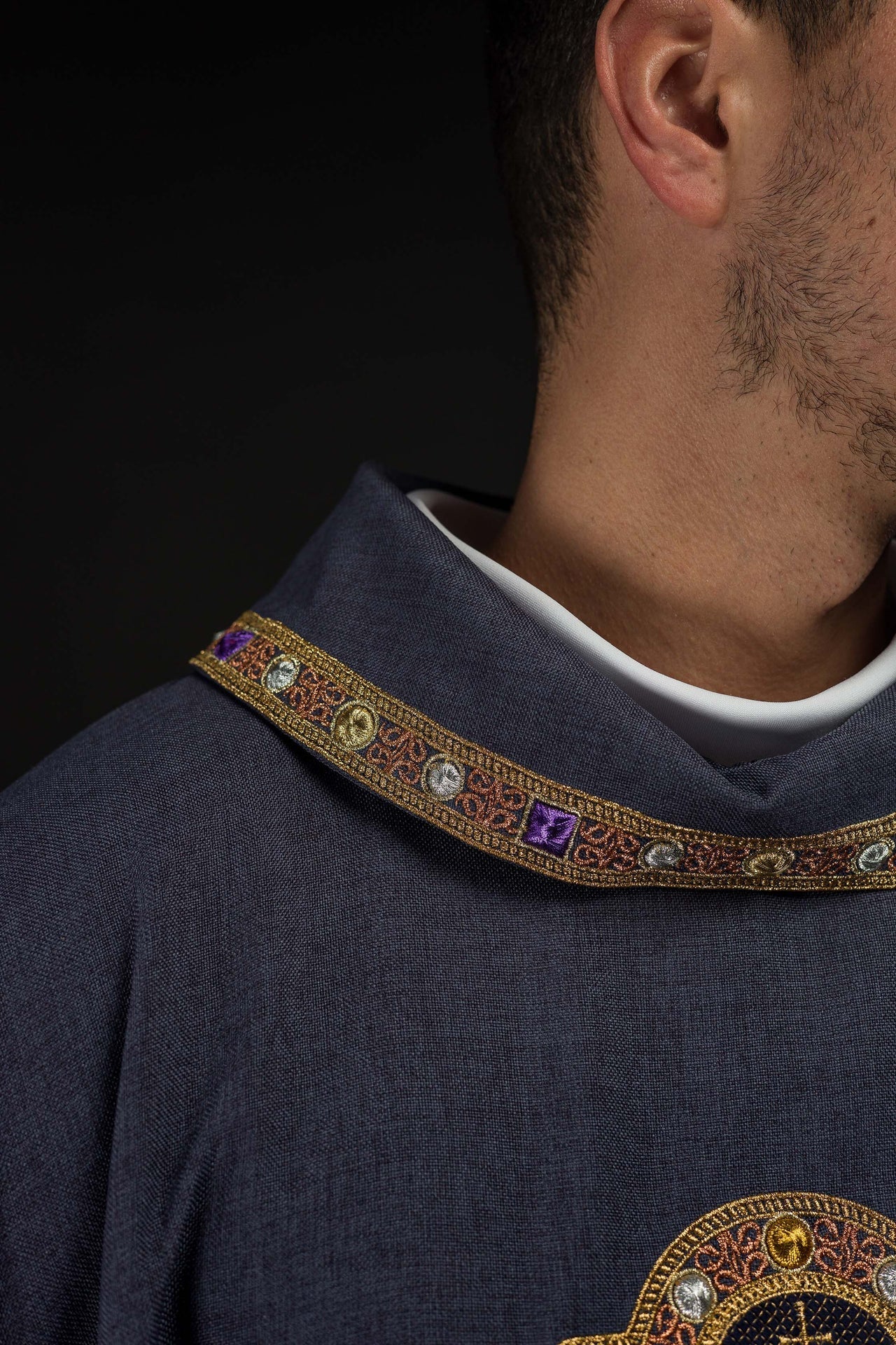 Dalmatic with IHS Symbol and Purple Collar S-1073-03-70-D - CHASUBLES.COM