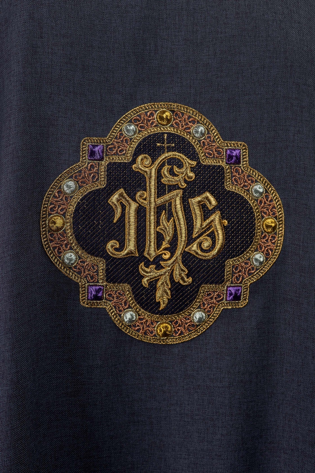 Dalmatic with IHS Symbol and Purple Collar S-1073-03-70-D - CHASUBLES.COM