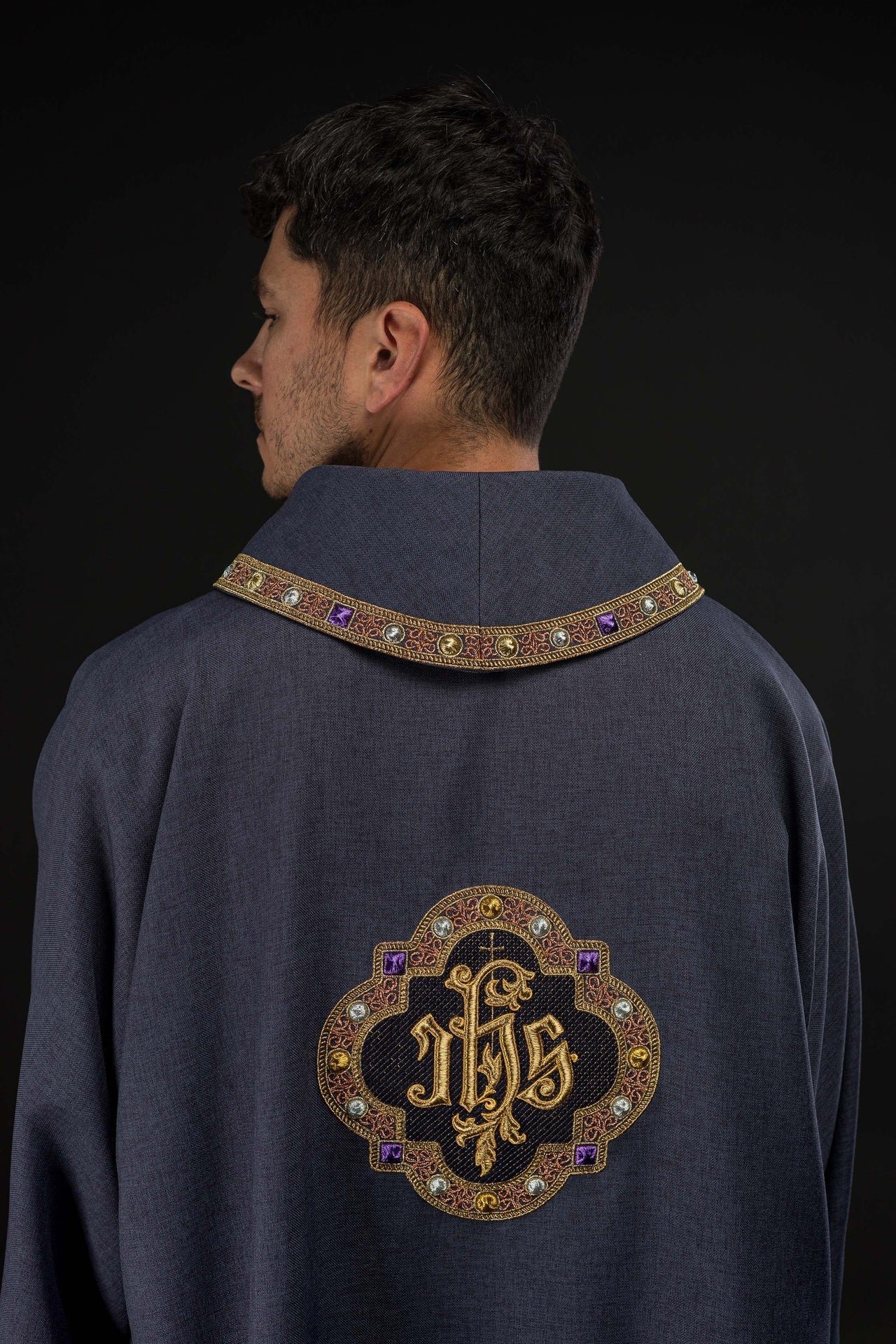 Dalmatic with IHS Symbol and Purple Collar S-1073-03-70-D - CHASUBLES.COM