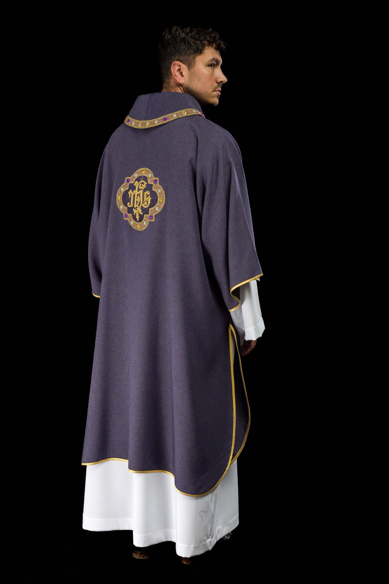 Dalmatic with IHS Symbol and Purple Collar S-1073-03-70-D - CHASUBLES.COM