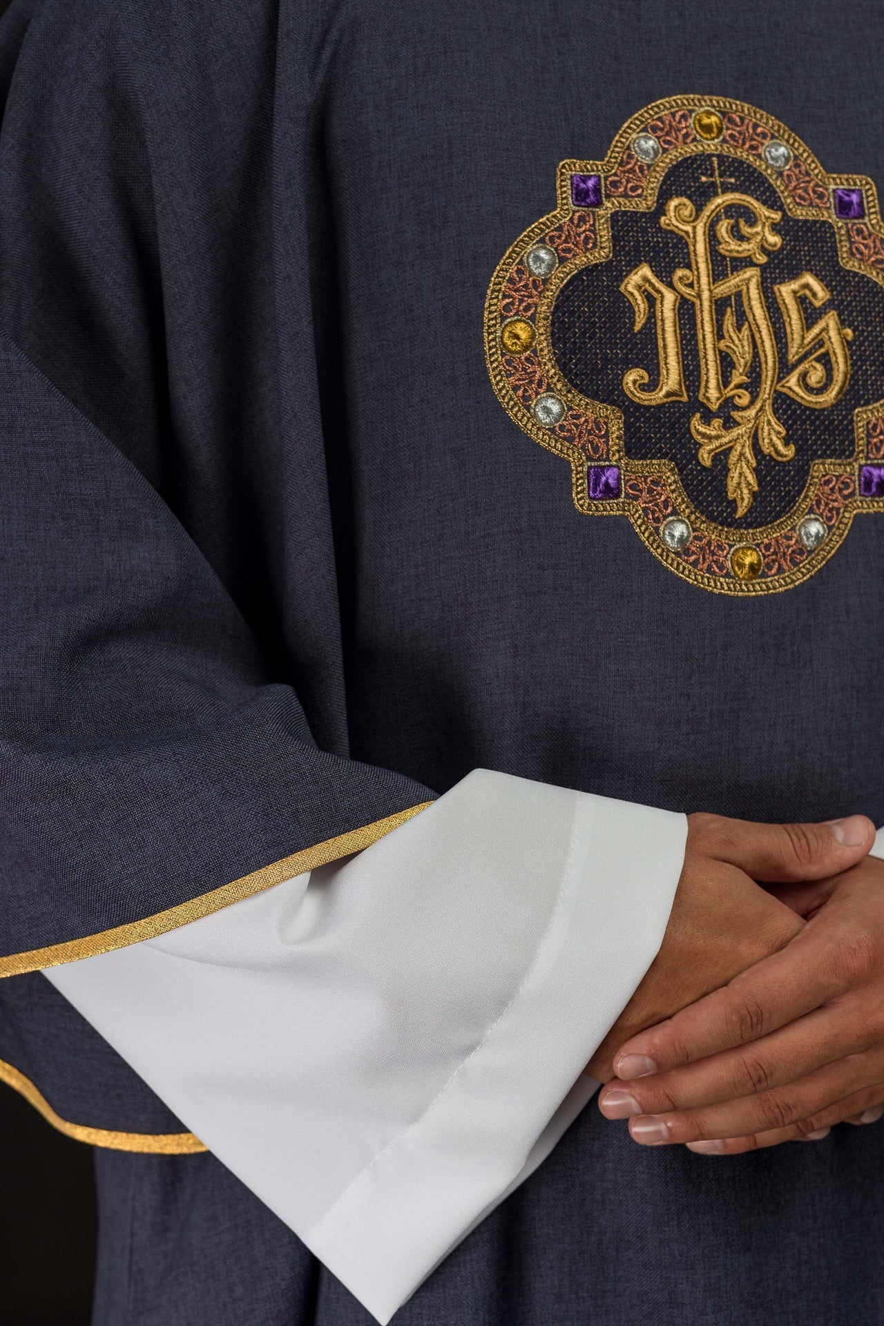 Dalmatic with IHS Symbol and Purple Collar S-1073-03-70-D - CHASUBLES.COM